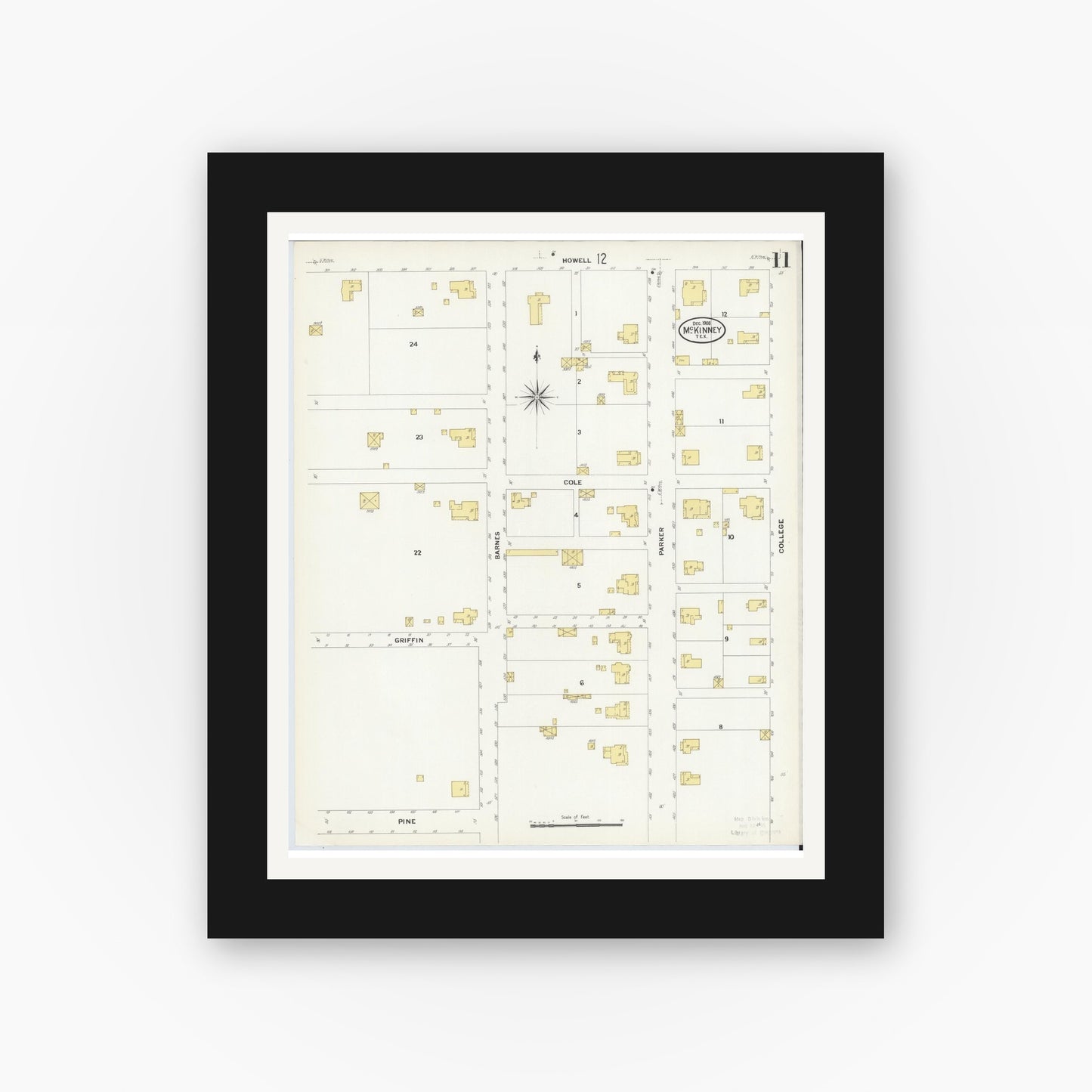 Old map wall art mockup — black gallery frame with white mat — Sanborn Fire Insurance Map from McKinney, Collin County, Texas (1908), Sheet #0011