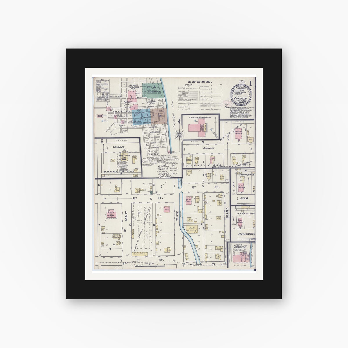 Old map wall art mockup — black gallery frame with white mat — Sanborn Fire Insurance Map from Canton, Lewis County, Missouri (1890) - Complete Map Set
