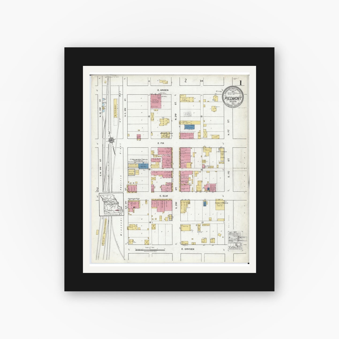 Old map wall art mockup — black gallery frame with white mat — Sanborn Fire Insurance Map from Piedmont, Wayne County, Missouri (1920) - Complete Map Set