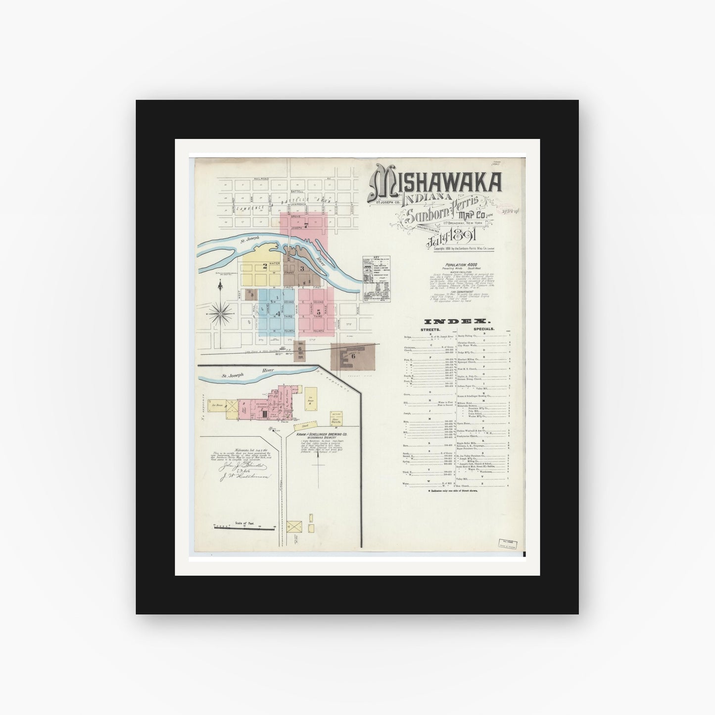 Old map wall art mockup — black gallery frame with white mat — Sanborn Fire Insurance Map from Mishawaka, Saint Joseph County, Indiana (1891) - Complete Map Set