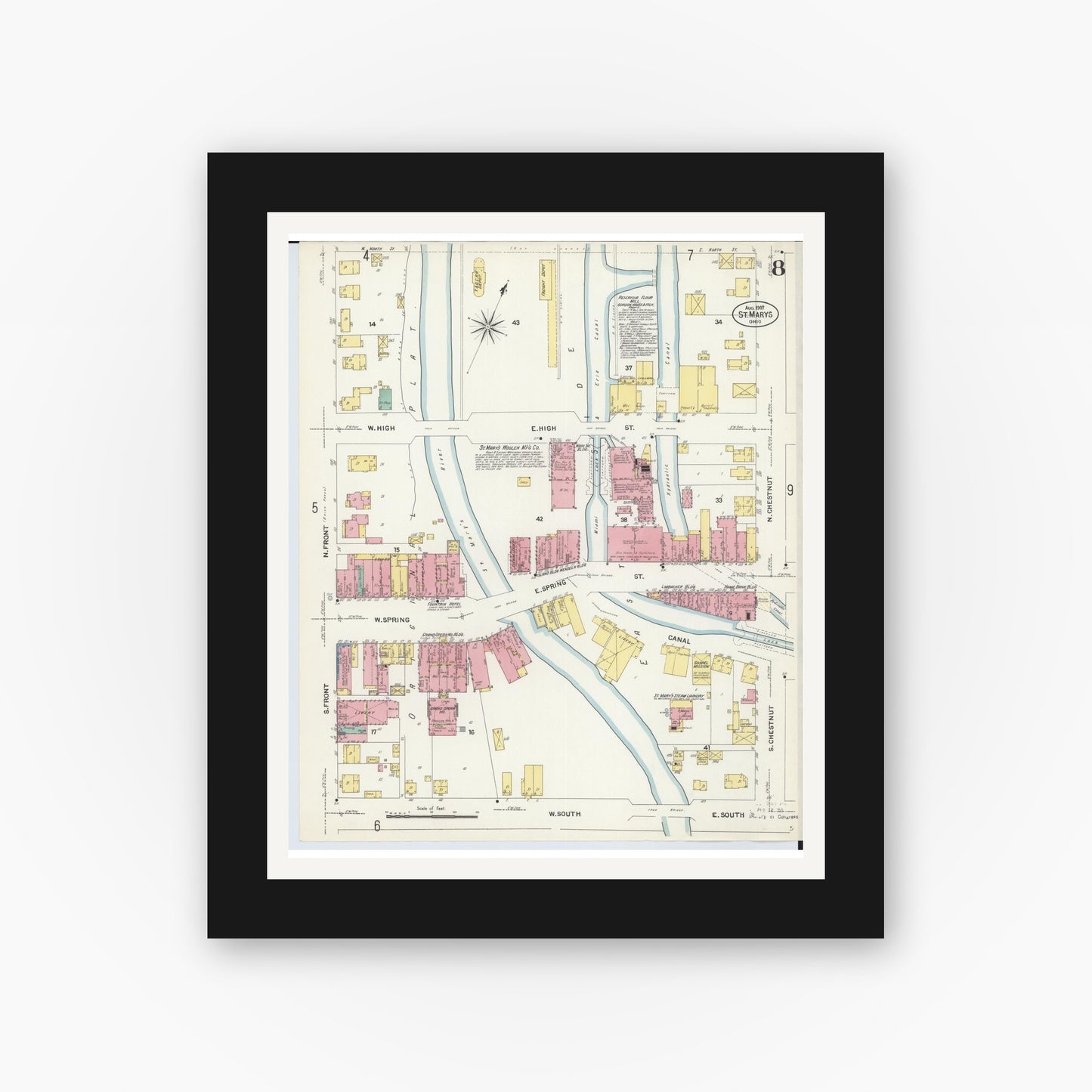Old map wall art mockup — black gallery frame with white mat — Sanborn Fire Insurance Map from Saint Marys, Auglaize County, Ohio (1907), Sheet #0008