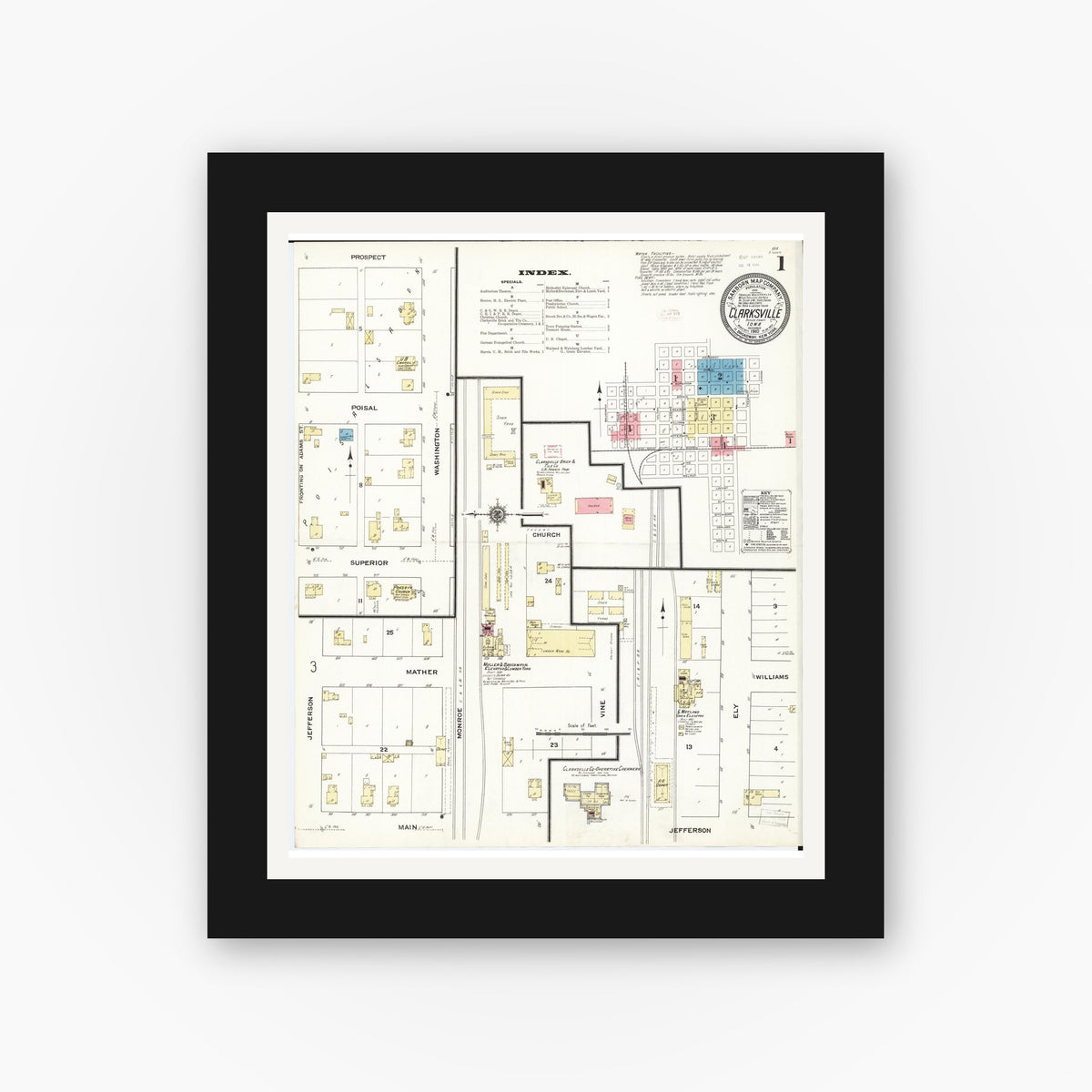 Old map wall art mockup — black gallery frame with white mat — Sanborn Fire Insurance Map from Clarksville, Butler County, Iowa (1910) — Complete Set