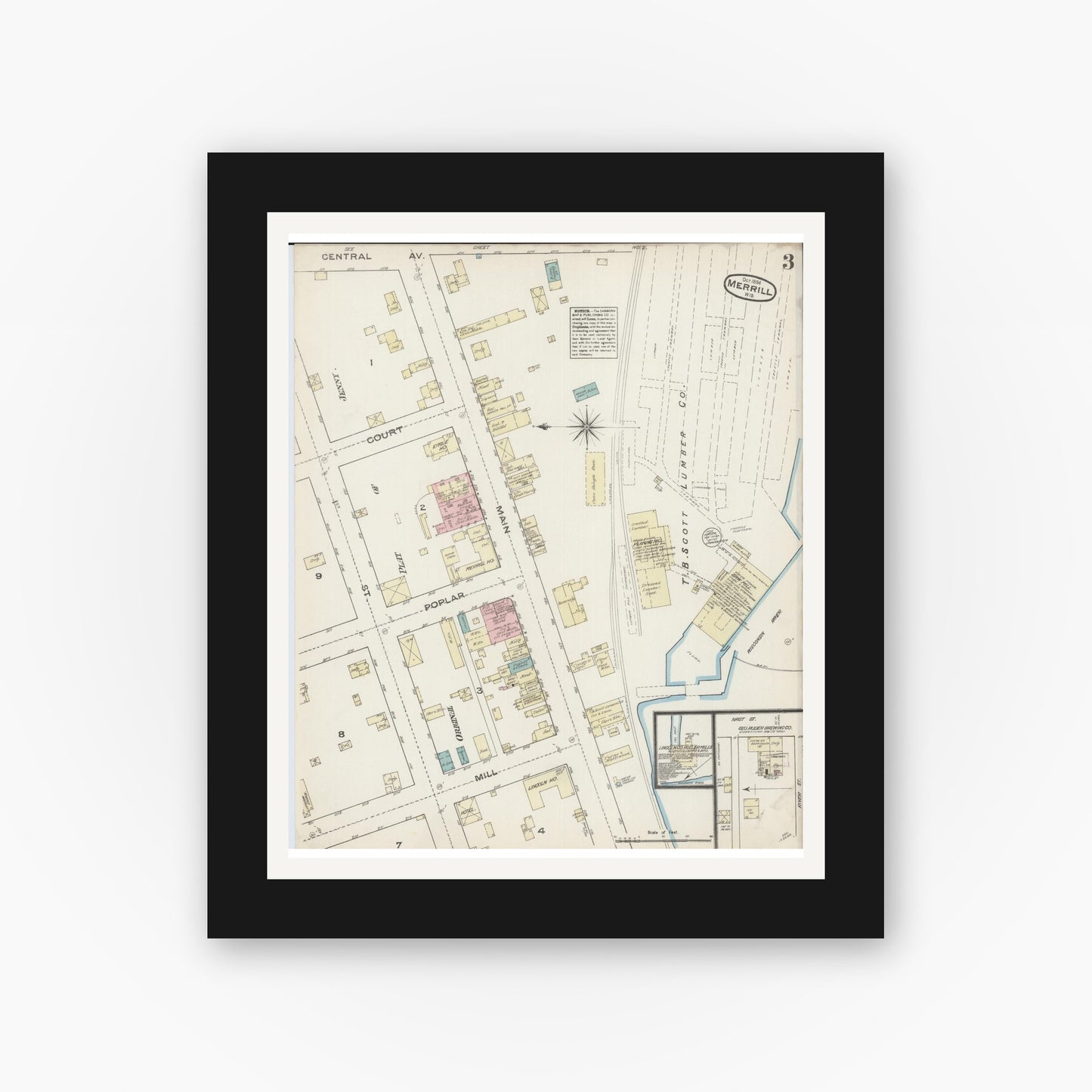 Old map wall art mockup — black gallery frame with white mat — Sanborn Fire Insurance Map from Merrill, Lincoln County, Wisconsin (1884), Sheet #0003