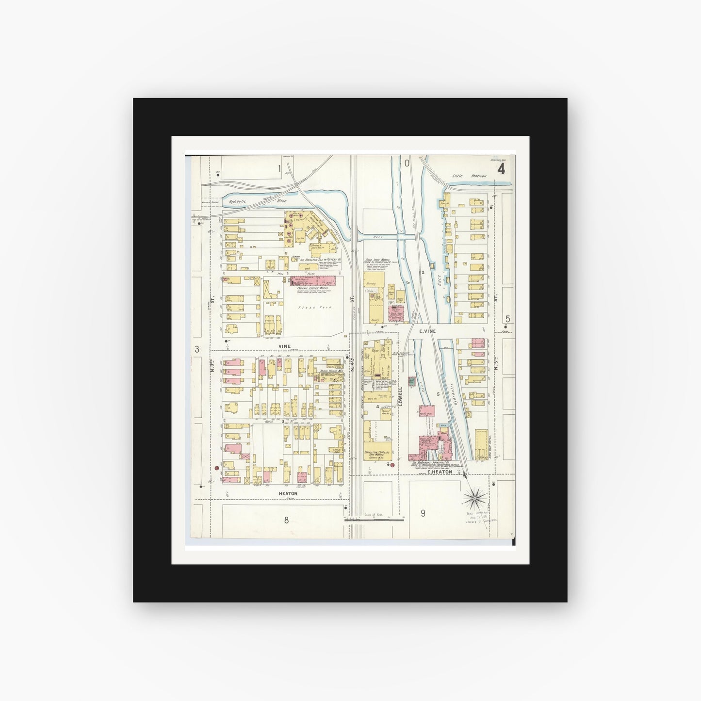 Old map wall art mockup — black gallery frame with white mat — Sanborn Fire Insurance Map from Hamilton, Butler County, Ohio (1899), Sheet #0004