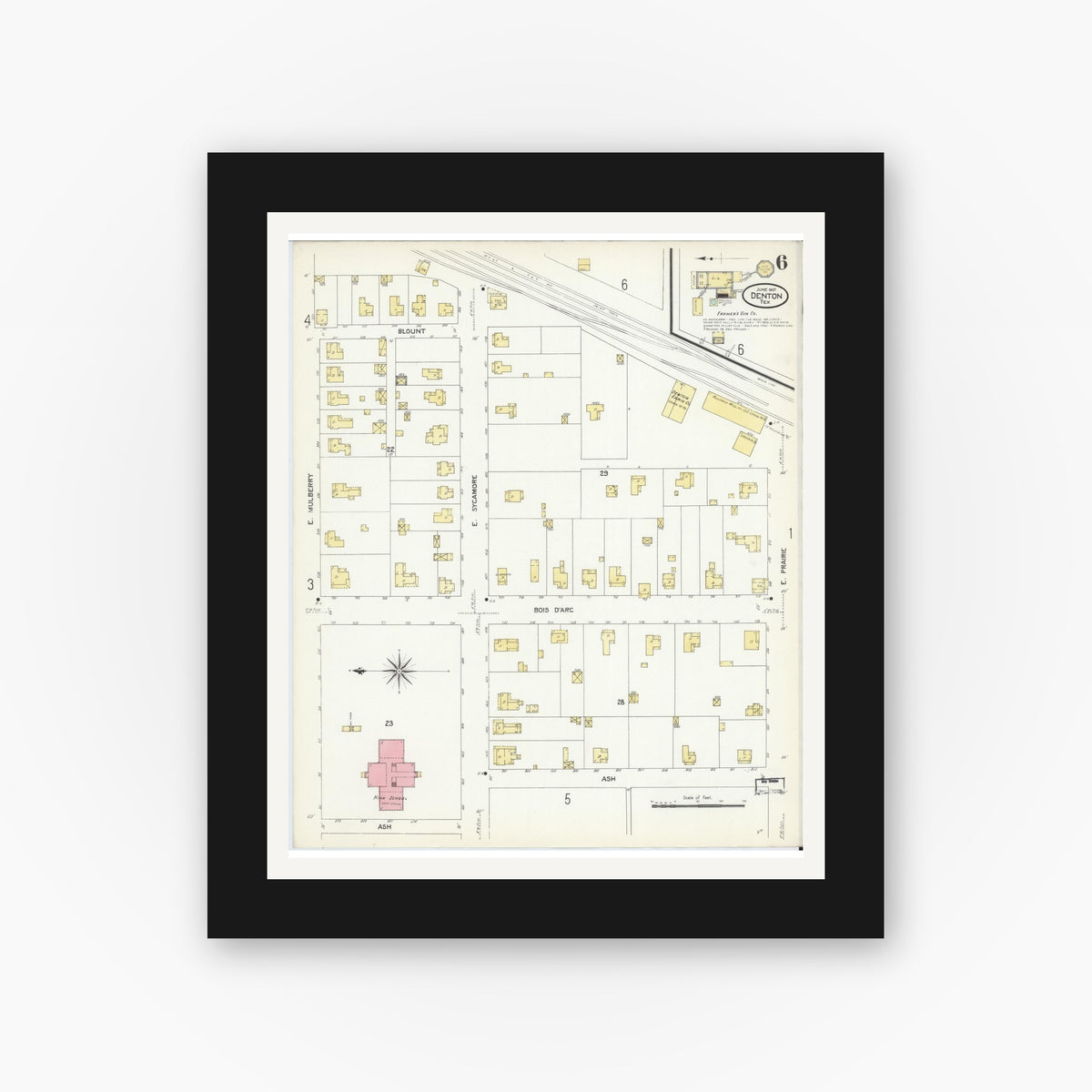 Old map wall art mockup — black gallery frame with white mat — Sanborn Fire Insurance Map from Denton, Denton County, Texas (1907), Sheet #0006