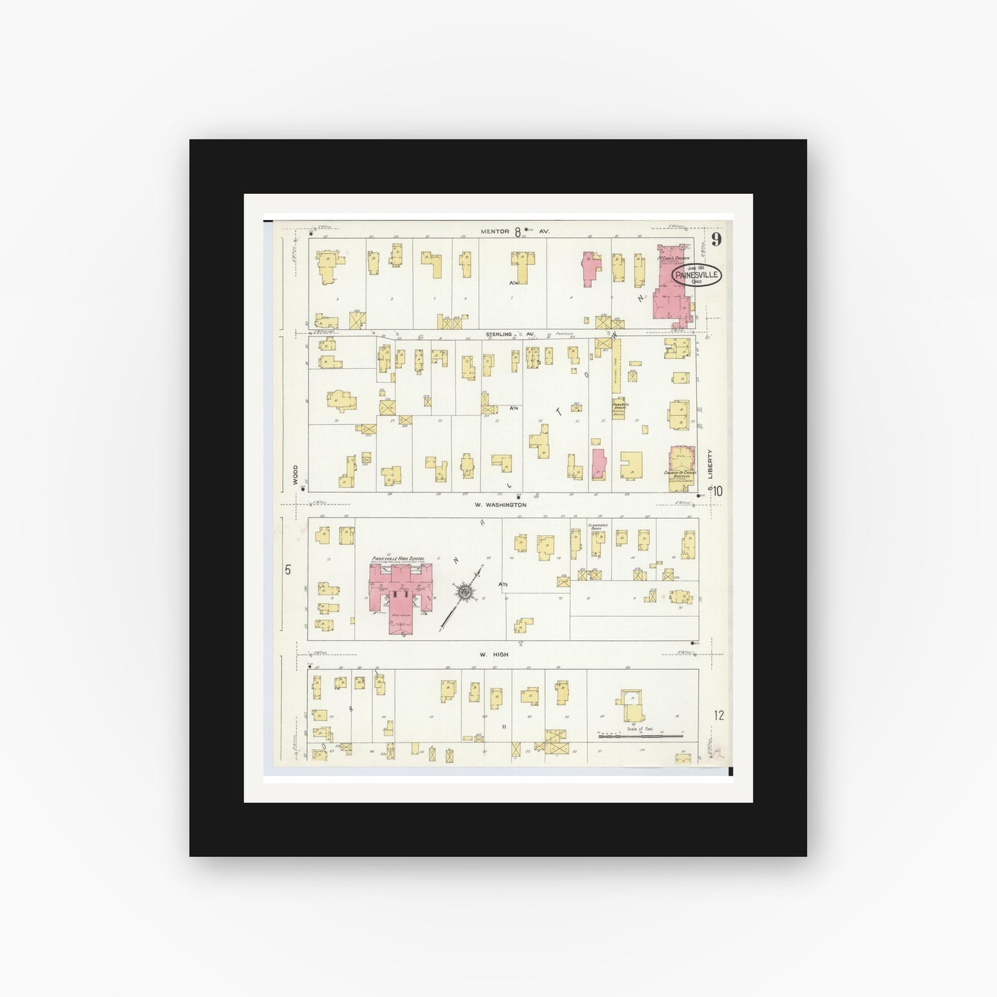 Old map wall art mockup — black gallery frame with white mat — Sanborn Fire Insurance Map from Painesville, Lake County, Ohio (1911), Sheet #0009