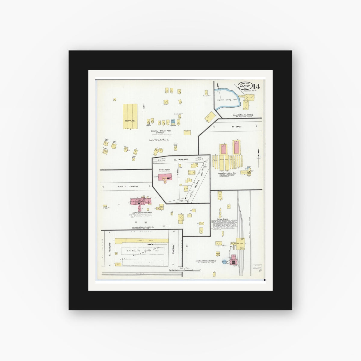 Old map wall art mockup — black gallery frame with white mat — Sanborn Fire Insurance Map from Canton, Fulton County, Illinois (1909), Sheet #0014
