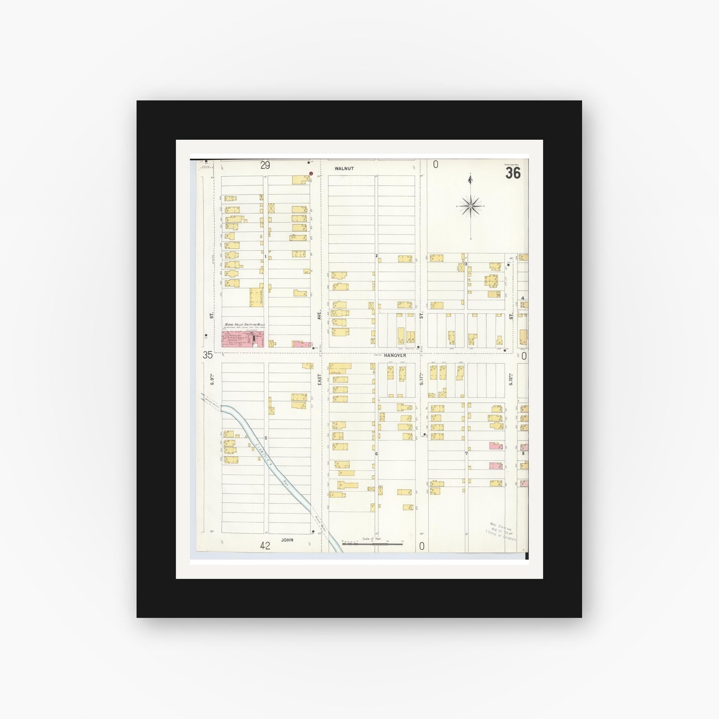 Old map wall art mockup — black gallery frame with white mat — Sanborn Fire Insurance Map from Hamilton, Butler County, Ohio (1899), Sheet #0036