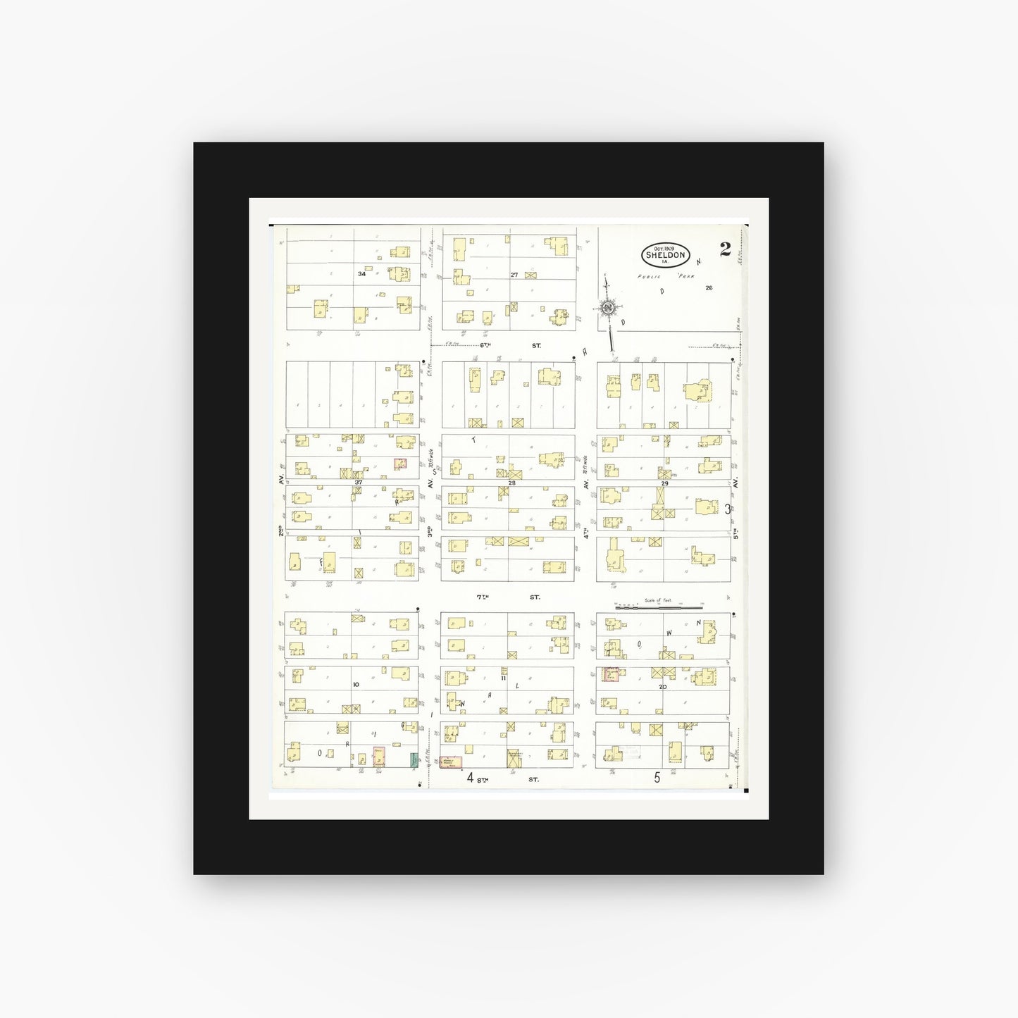 Old map wall art mockup — black gallery frame with white mat — Sanborn Fire Insurance Map from Sheldon, O'Brien County, Iowa (1909), Sheet #0002