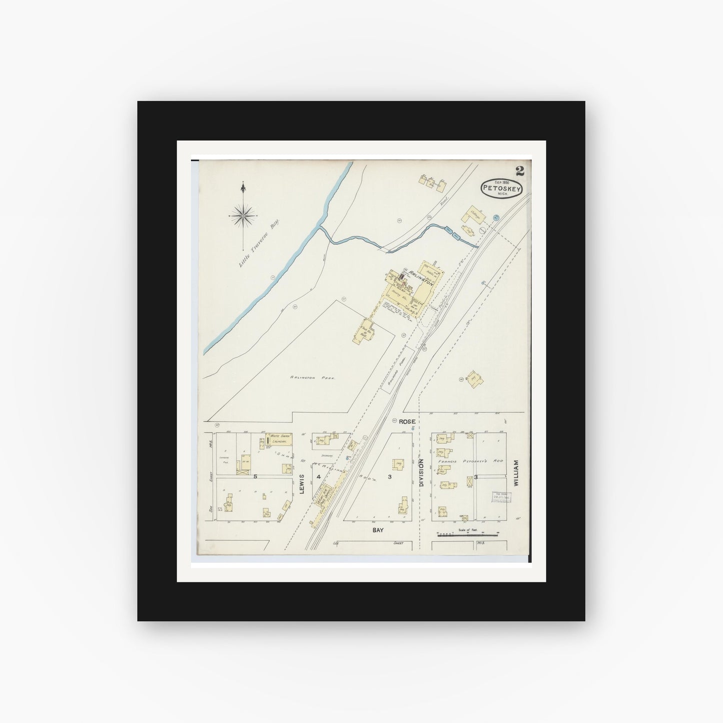 Old map wall art mockup — black gallery frame with white mat — Sanborn Fire Insurance Map from Petoskey, Emmet County, Michigan (1890), Sheet #0002