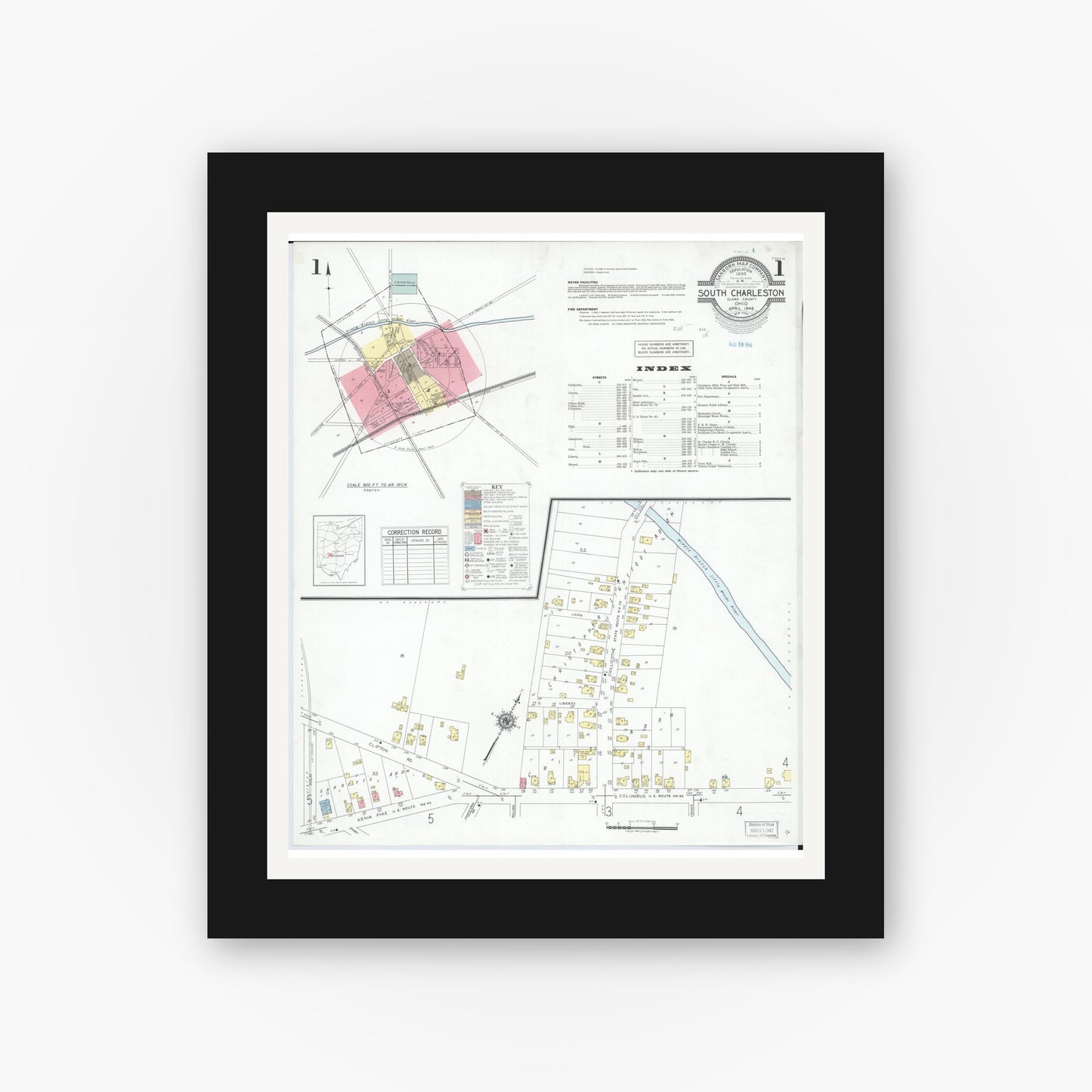 Old map wall art mockup — black gallery frame with white mat — Sanborn Fire Insurance Map from South Charleston, Clark County, Ohio (1946), Sheet #0001