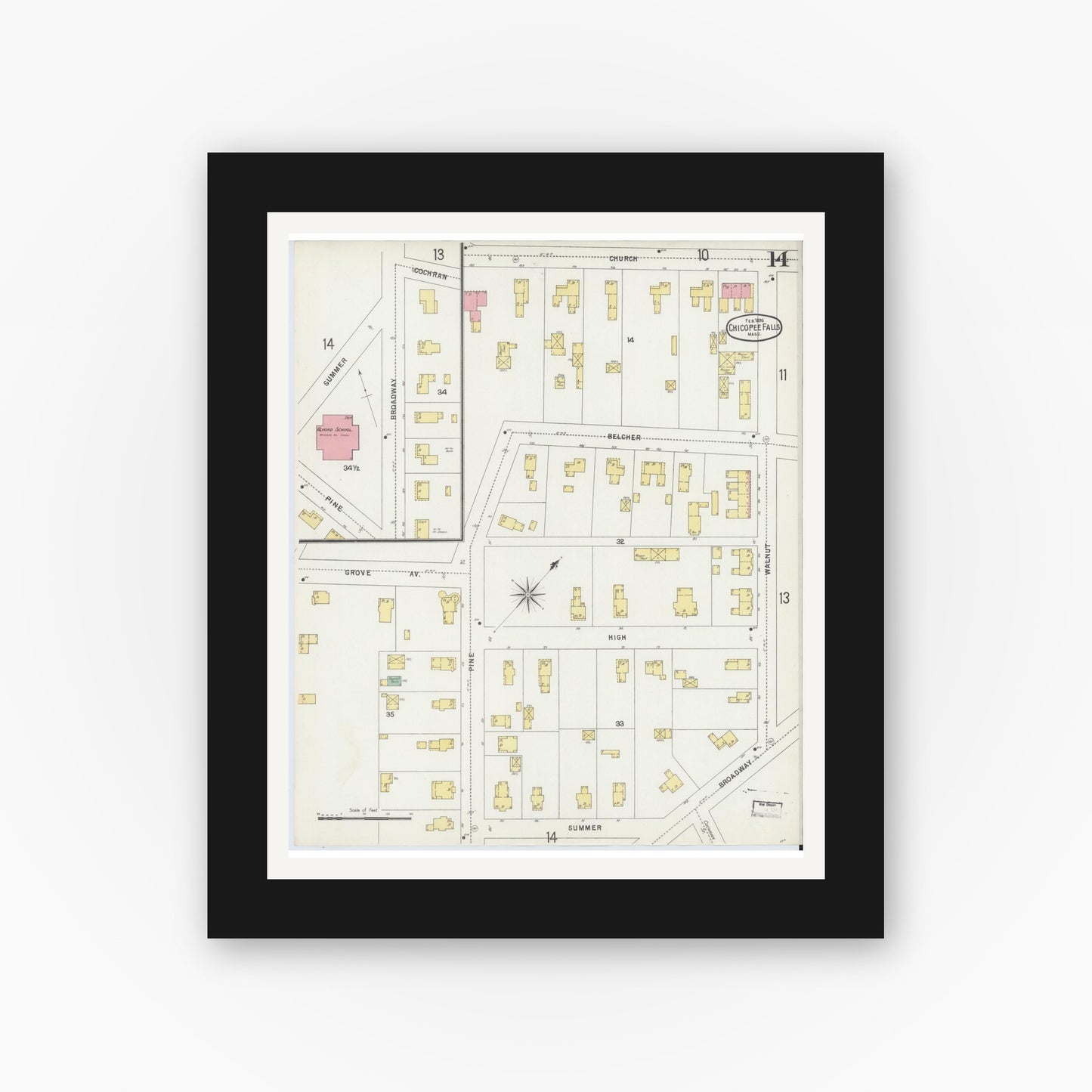Old map wall art mockup — black gallery frame with white mat — Sanborn Fire Insurance Map from Chicopee, Hampden County, Massachusetts (1896), Sheet #0014