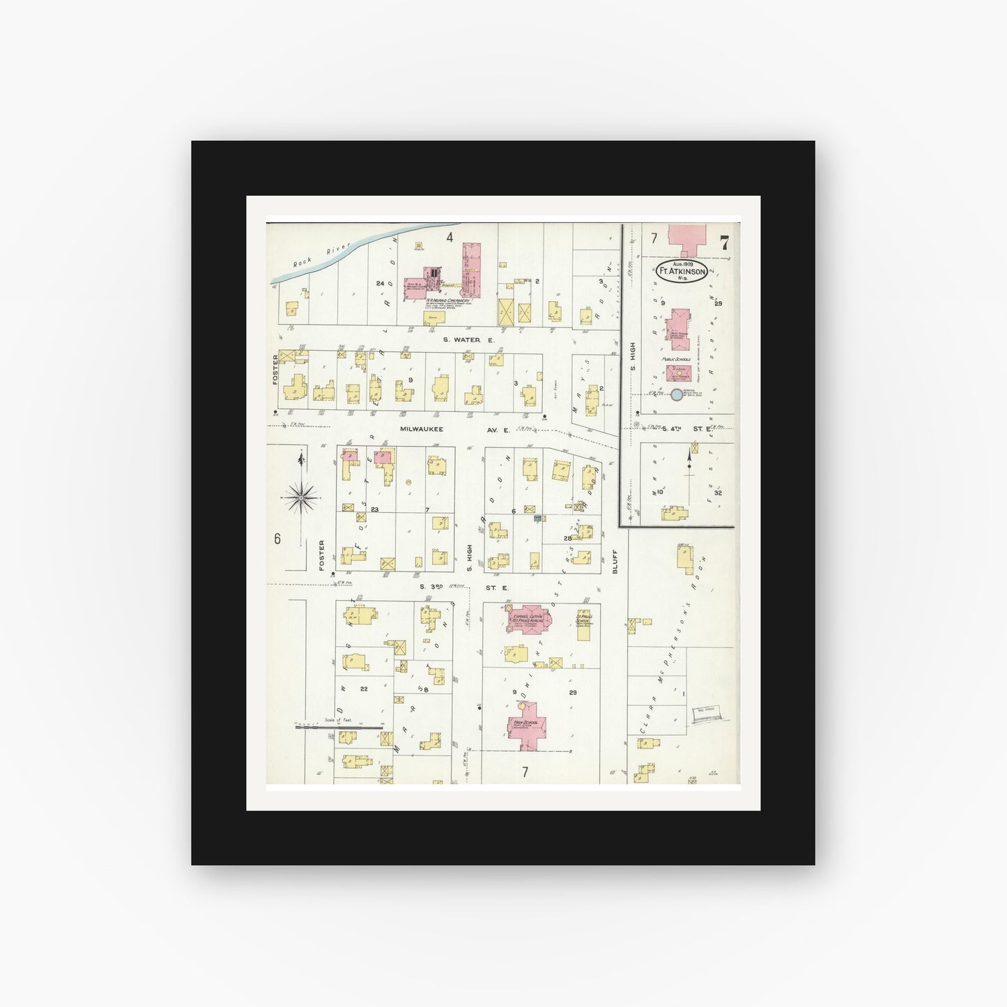 Old map wall art mockup — black gallery frame with white mat — Sanborn Fire Insurance Map from Fort Atkinson, Jefferson County, Wisconsin (1909), Sheet #0007