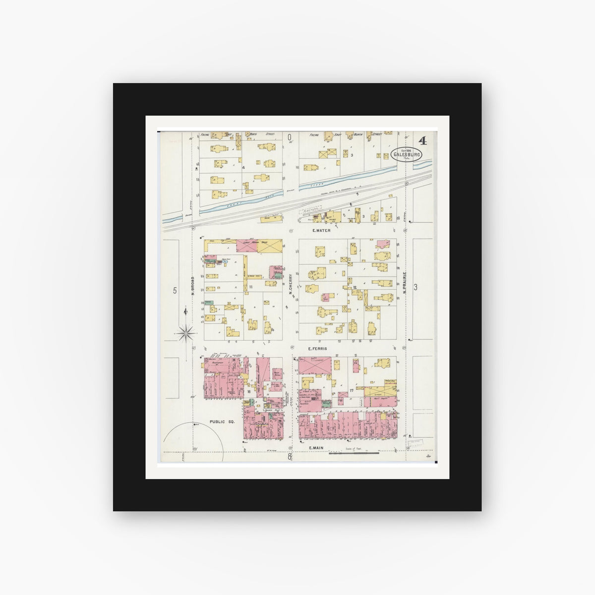 Old map wall art mockup — black gallery frame with white mat — Sanborn Fire Insurance Map from Galesburg, Knox County, Illinois (1898), Sheet #0004