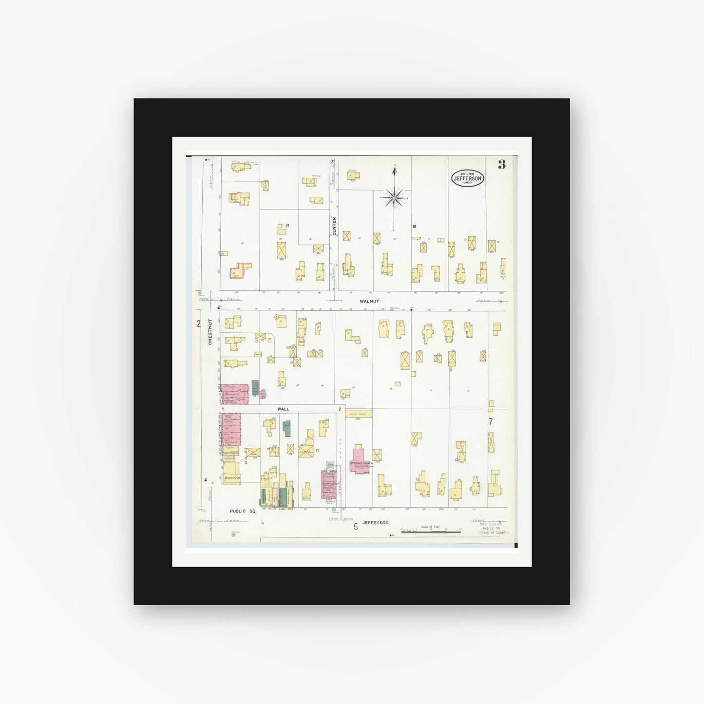 Old map wall art mockup — black gallery frame with white mat — Sanborn Fire Insurance Map from Jefferson, Ashtabula County, Ohio (1909), Sheet #0003