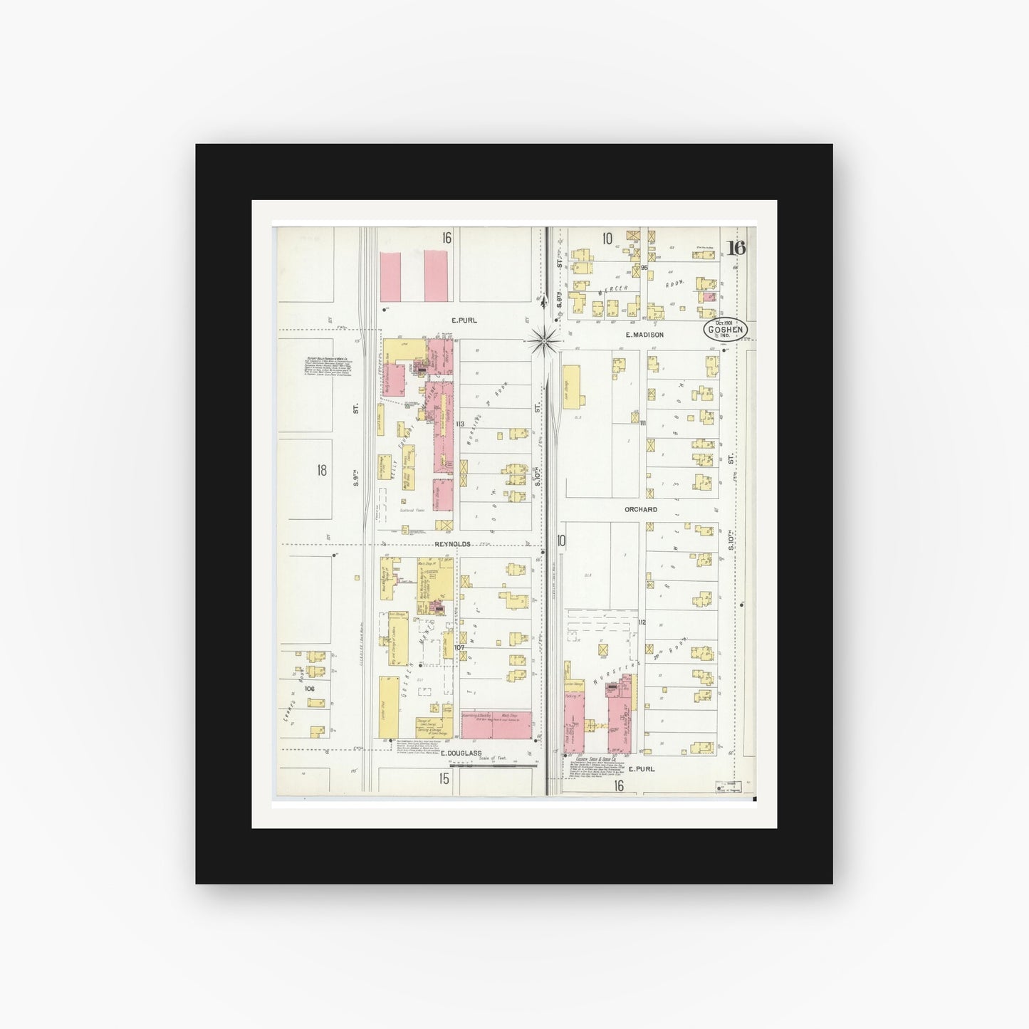 Old map wall art mockup — black gallery frame with white mat — Sanborn Fire Insurance Map from Goshen, Elkhart County, Indiana (1901), Sheet #0016