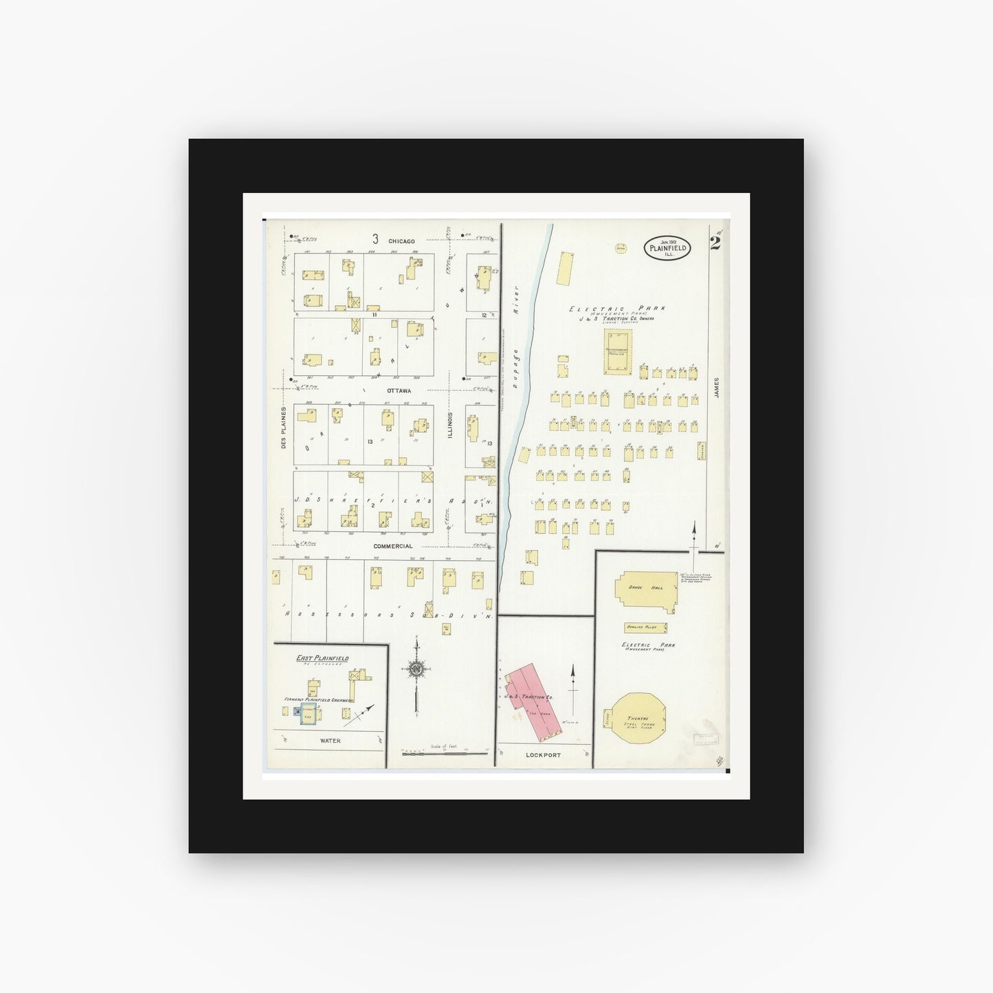 Old map wall art mockup — black gallery frame with white mat — Sanborn Fire Insurance Map from Plainfield, Will County, Illinois (1912), Sheet #0002