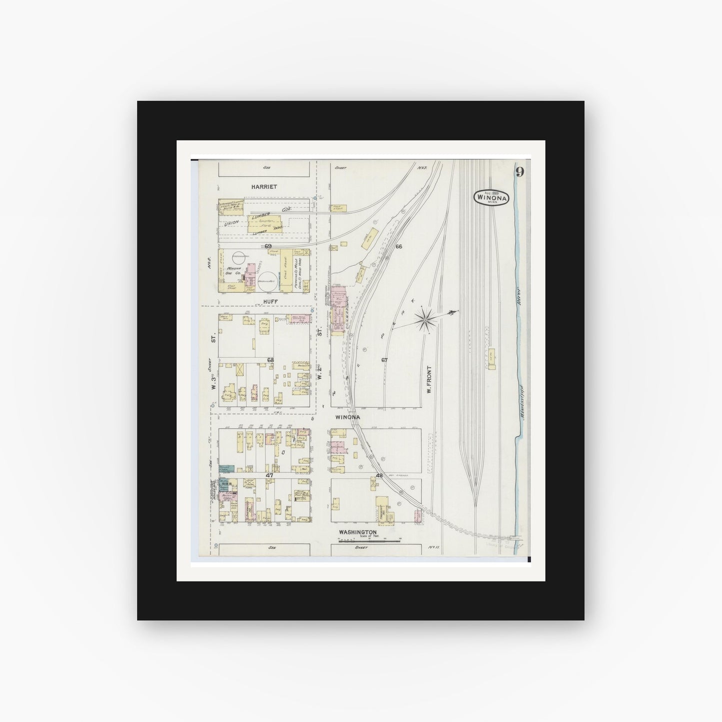 Old map wall art mockup — black gallery frame with white mat — Sanborn Fire Insurance Map from Winona, Winona County, Minnesota (1889), Sheet #0009