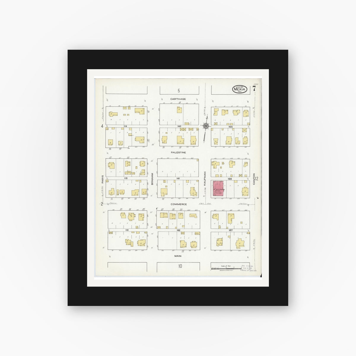 Old map wall art mockup — black gallery frame with white mat — Sanborn Fire Insurance Map from Mexia, Limestone County, Texas (1921), Sheet #0007