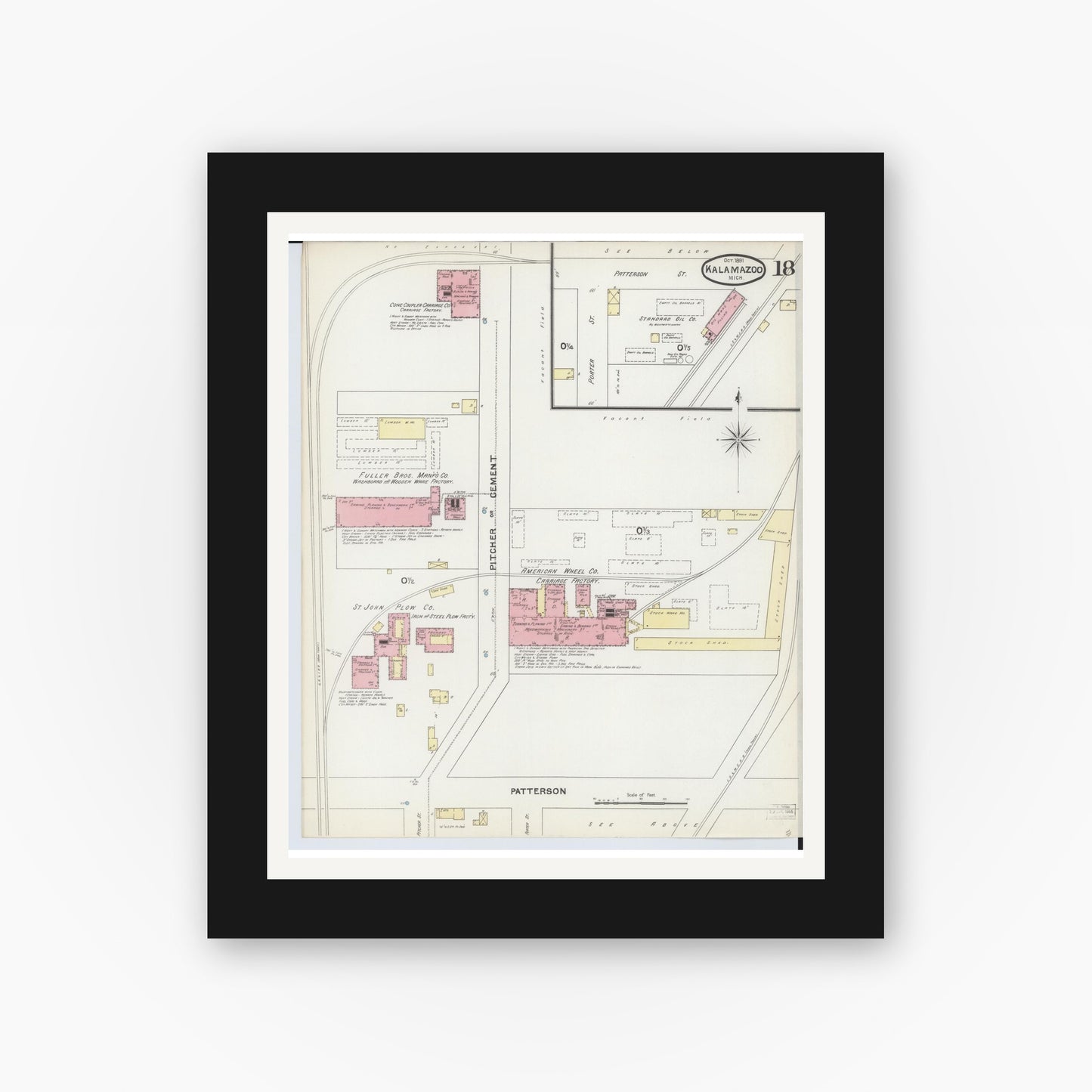 Old map wall art mockup — black gallery frame with white mat — Sanborn Fire Insurance Map from Kalamazoo, Kalamazoo County, Michigan (1891), Sheet #0018