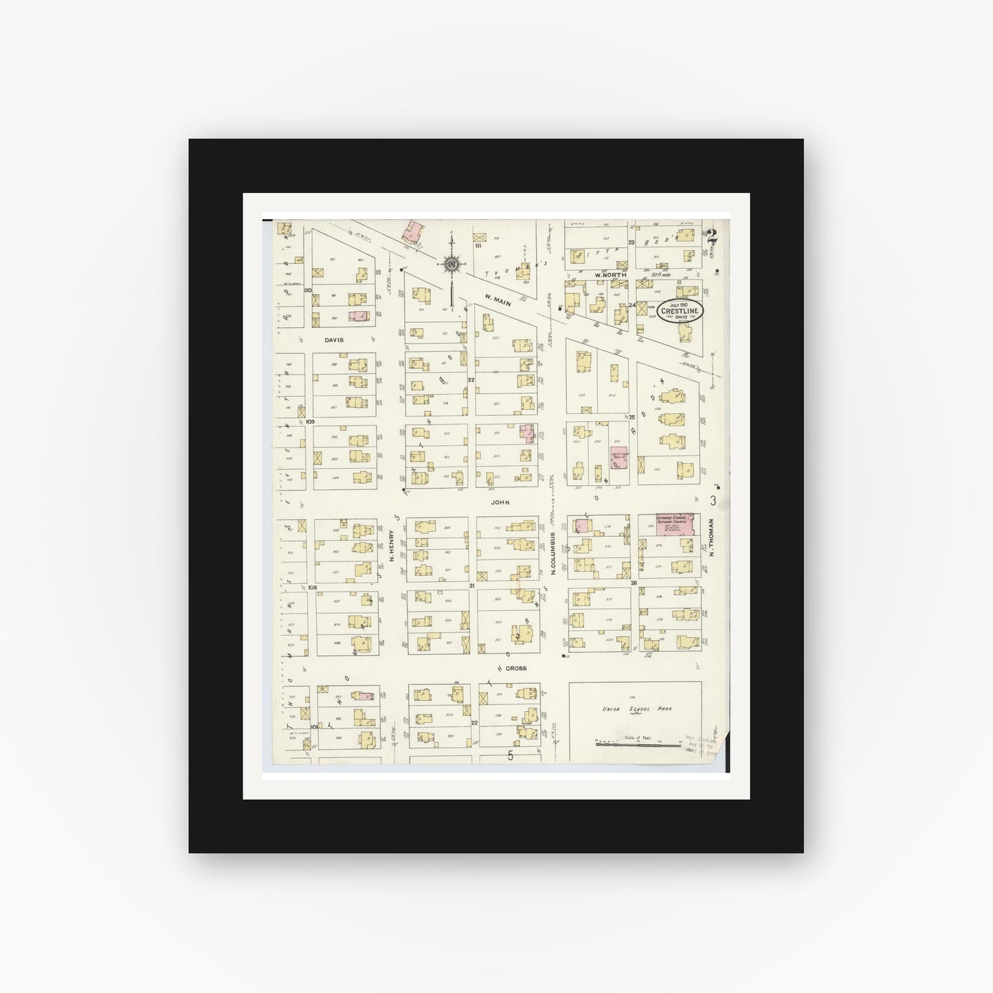 Old map wall art mockup — black gallery frame with white mat — Sanborn Fire Insurance Map from Crestline, Crawford County, Ohio (1910), Sheet #0002
