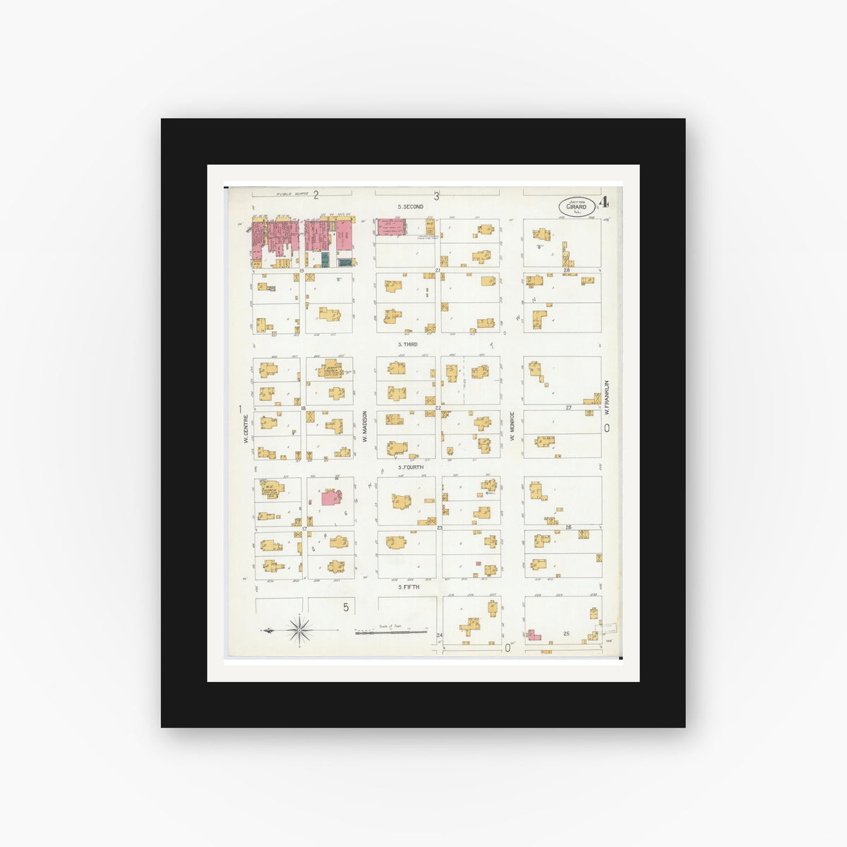 Old map wall art mockup — black gallery frame with white mat — Sanborn Fire Insurance Map from Girard, Macoupin County, Illinois (1906), Sheet #0004