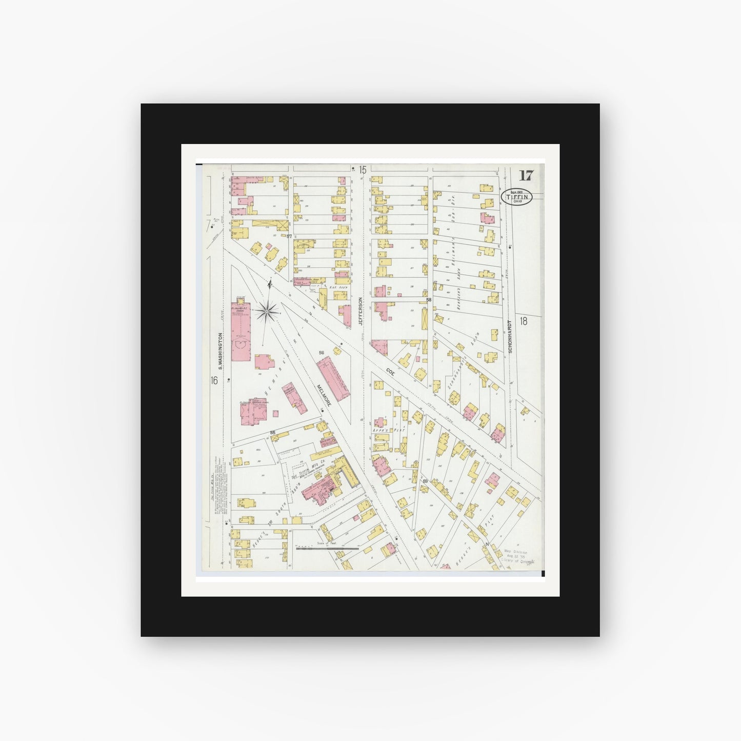 Old map wall art mockup — black gallery frame with white mat — Sanborn Fire Insurance Map from Tiffin, Seneca County, Ohio (1901), Sheet #0017