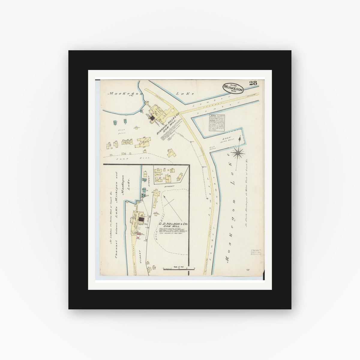 Old map wall art mockup β black gallery frame with white mat β Sanborn Fire Insurance Map from Muskegon, Muskegon County, Michigan (1883), Sheet #0028