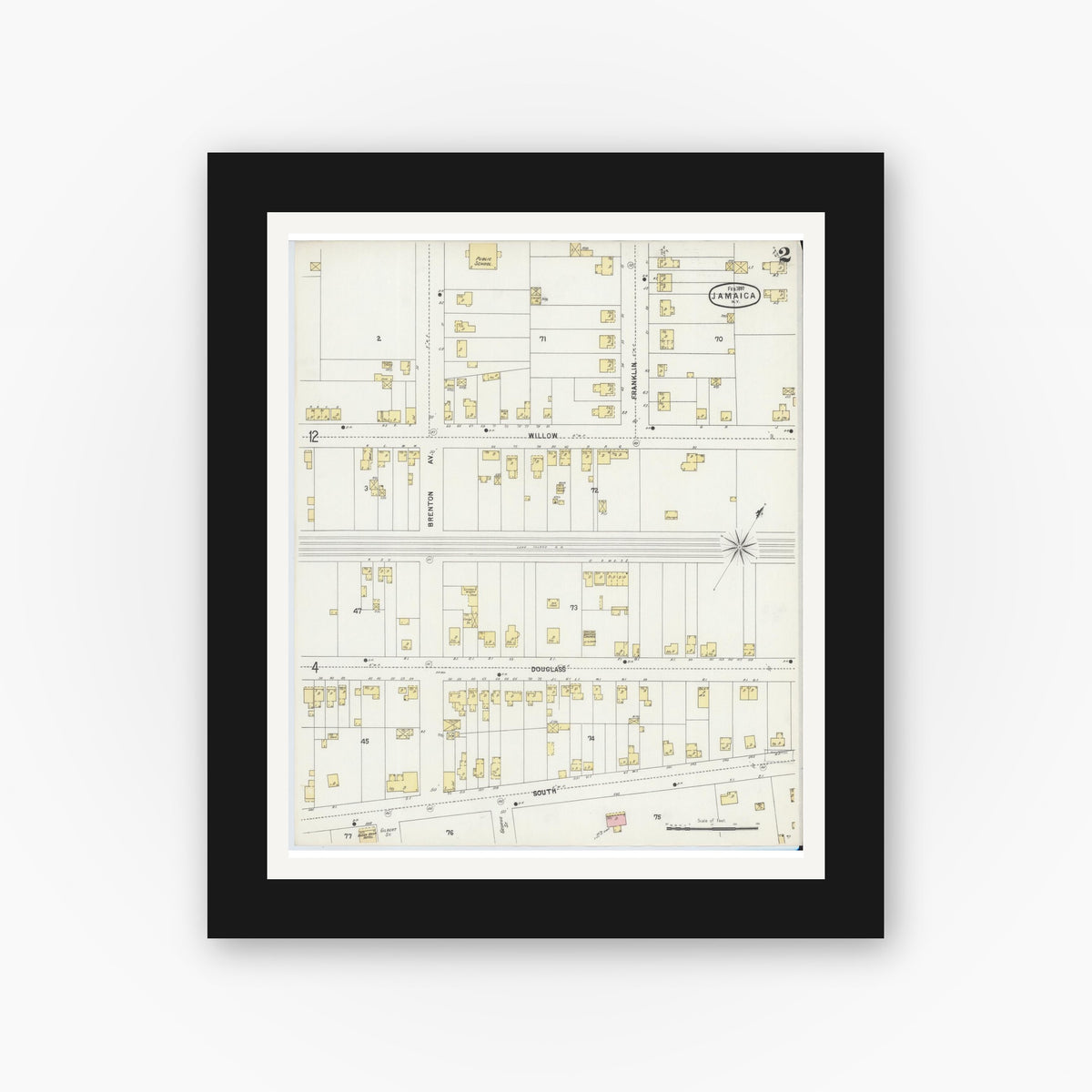 Old map wall art mockup — black gallery frame with white mat — Sanborn Fire Insurance Map from Jamaica, Queens County, New York (1897) - Complete Map Set