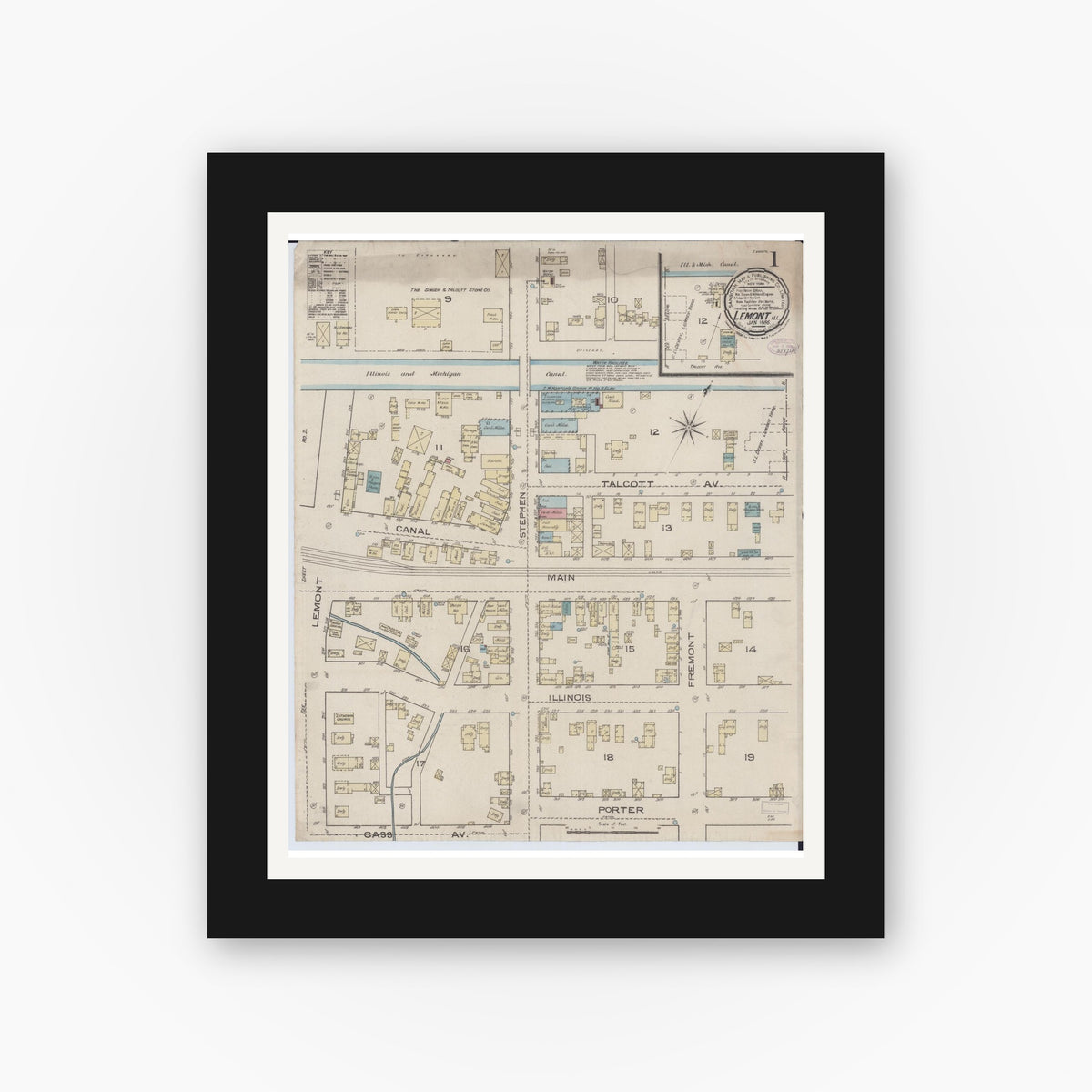 Old map wall art mockup — black gallery frame with white mat — Sanborn Fire Insurance Map from Lemont, Cook County, Illinois (1886) - Complete Map Set