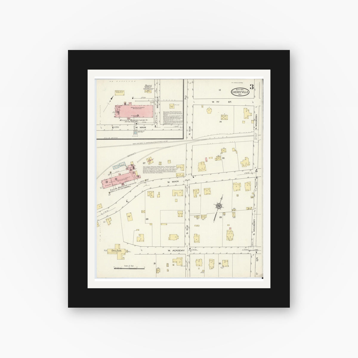 Old map wall art mockup — black gallery frame with white mat — Sanborn Fire Insurance Map from Cherryville, Gaston County, North Carolina (1914), Sheet #0003