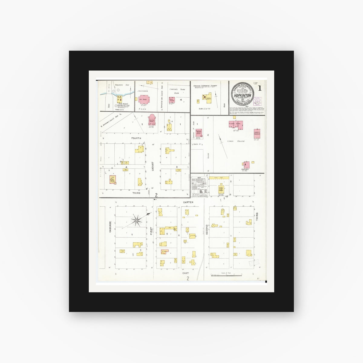 Old map wall art mockup — black gallery frame with white mat — Sanborn Fire Insurance Map from Hopkinton, Delaware County, Iowa (1905) — Complete Set