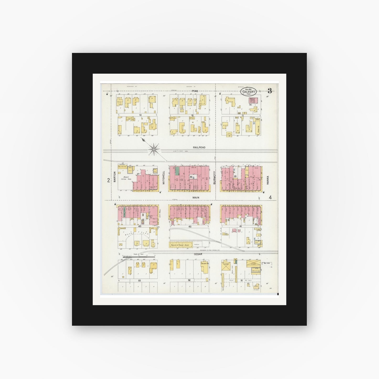 Old map wall art mockup — black gallery frame with white mat — Sanborn Fire Insurance Map from Calvert, Robertson County, Texas (1901), Sheet #0003