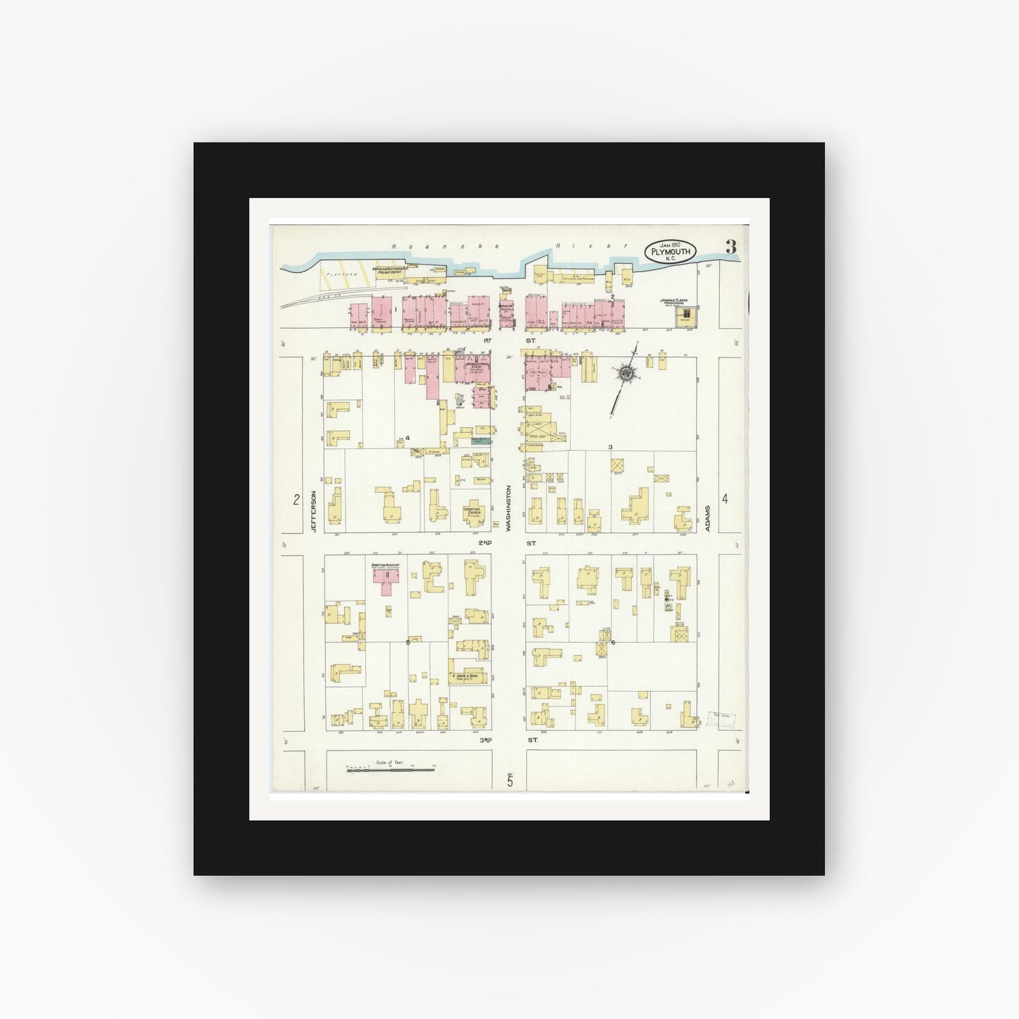 Old map wall art mockup — black gallery frame with white mat — Sanborn Fire Insurance Map from Plymouth, Washington County, North Carolina (1910), Sheet #0003