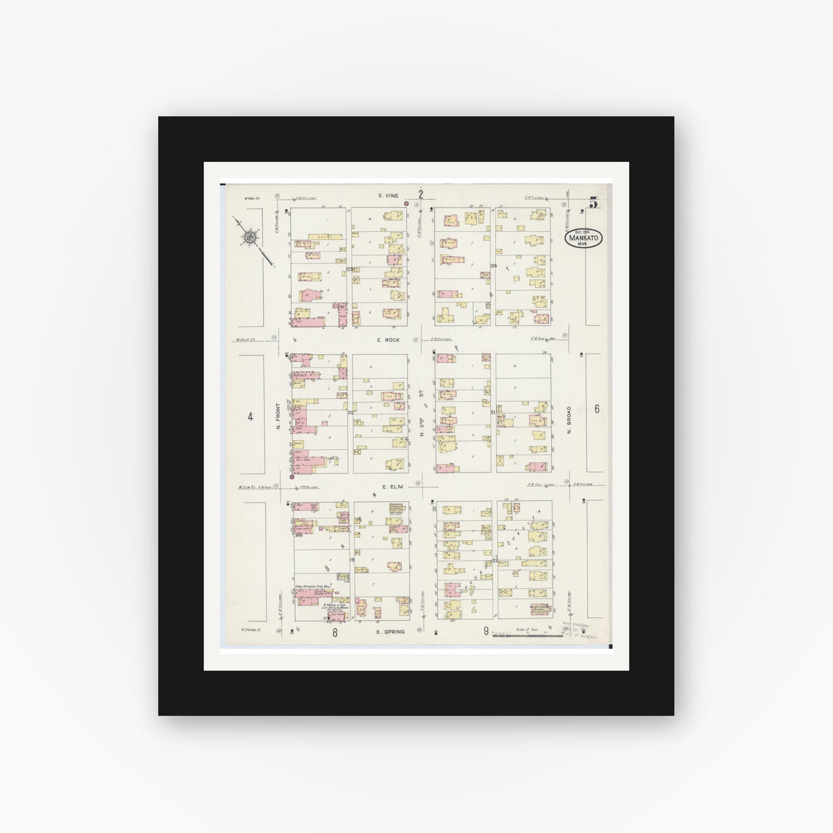 Old map wall art mockup — black gallery frame with white mat — Sanborn Fire Insurance Map from Mankato, Blue Earth County, Minnesota (1914), Sheet #0005