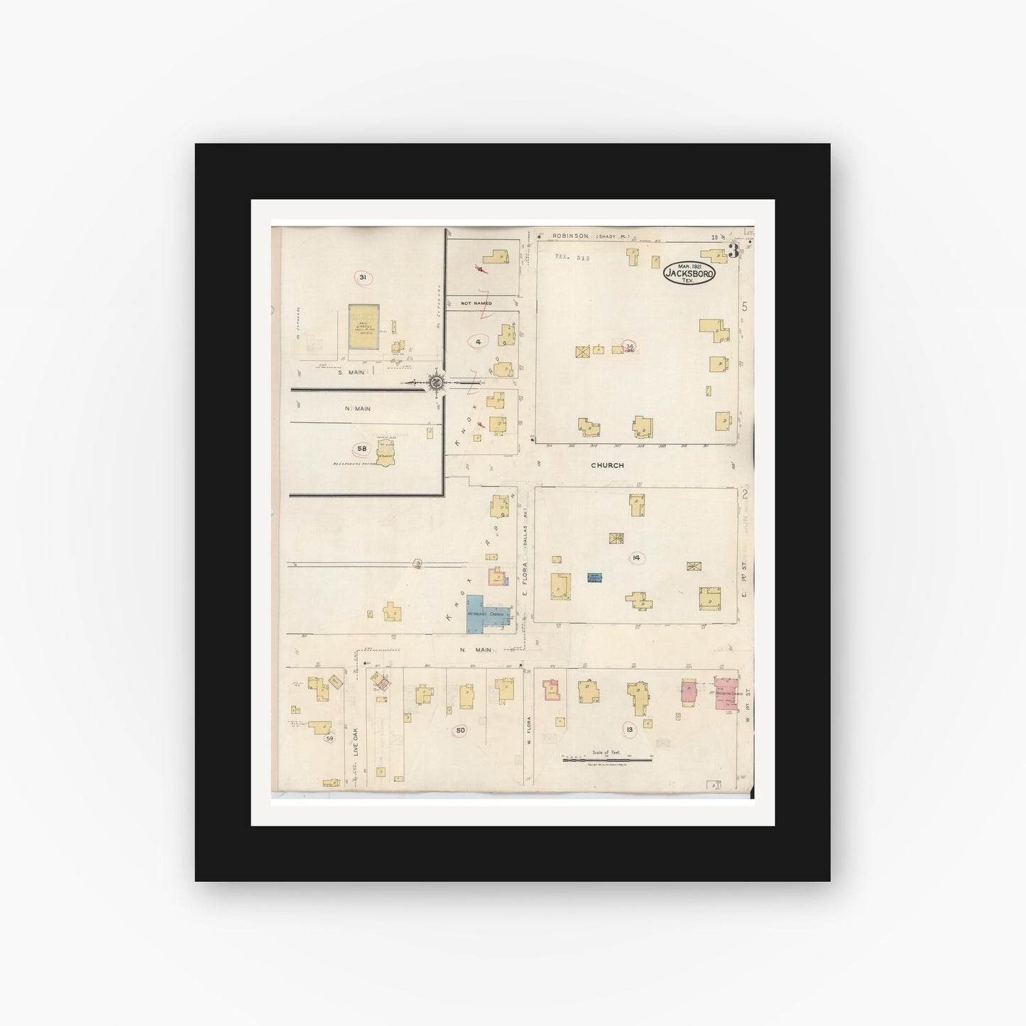 Old map wall art mockup — black gallery frame with white mat — Sanborn Fire Insurance Map from Jacksboro, Jack County, Texas (1942), Sheet #0003