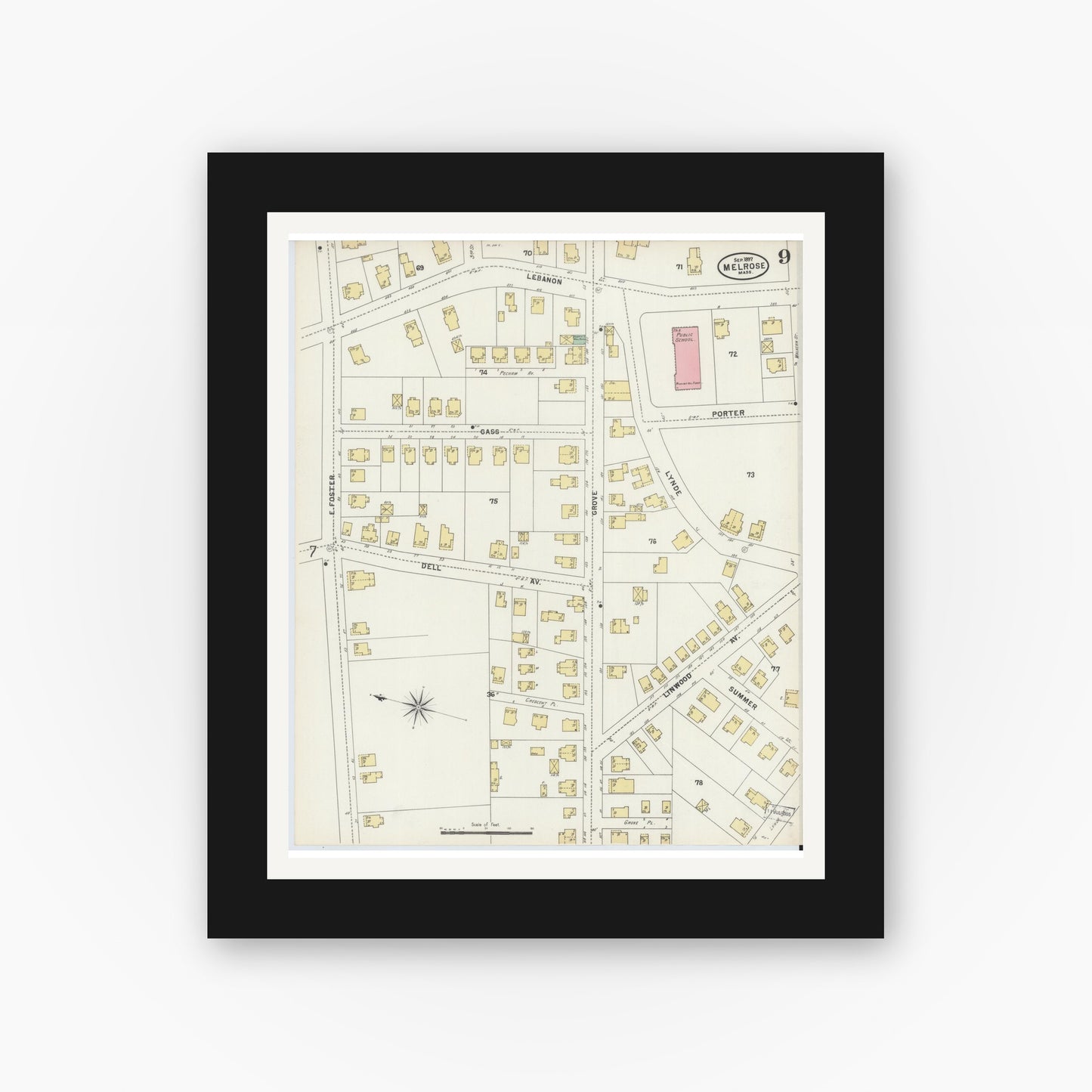 Old map wall art mockup — black gallery frame with white mat — Sanborn Fire Insurance Map from Melrose, Middlesex County, Massachusetts (1897), Sheet #0009