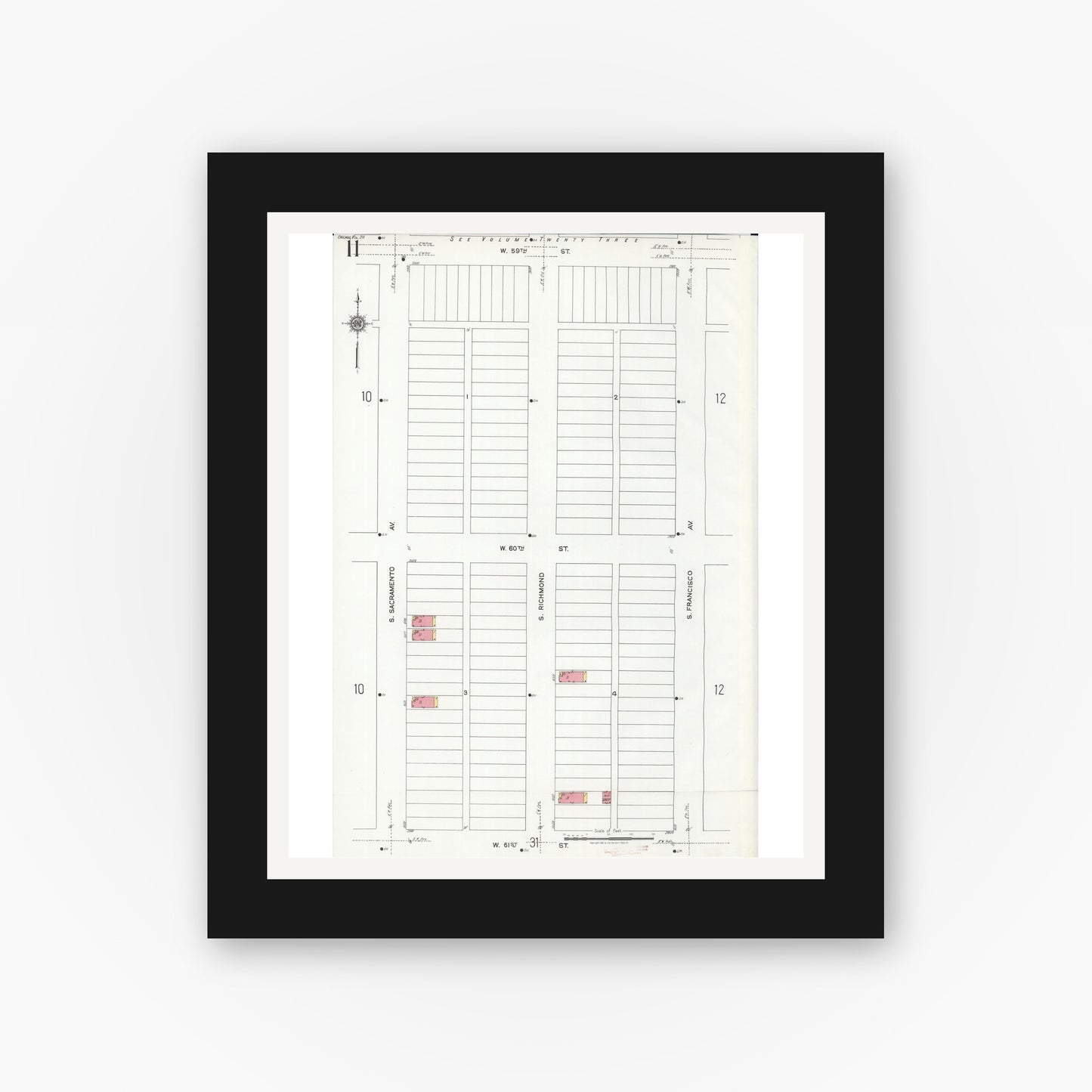 Old map wall art mockup — black gallery frame with white mat — Sanborn Fire Insurance Map from Chicago, Cook County, Illinois (1920), Sheet #0011