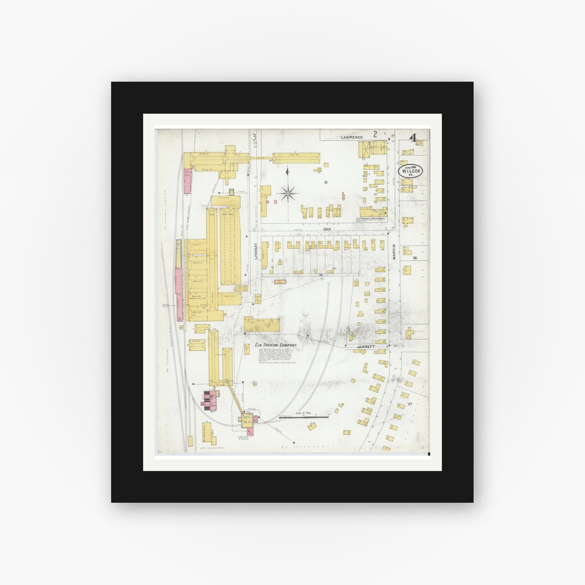 Old map wall art mockup β black gallery frame with white mat β Sanborn Fire Insurance Map from Wilcox, Elk County, Pennsylvania (1905), Sheet #0004
