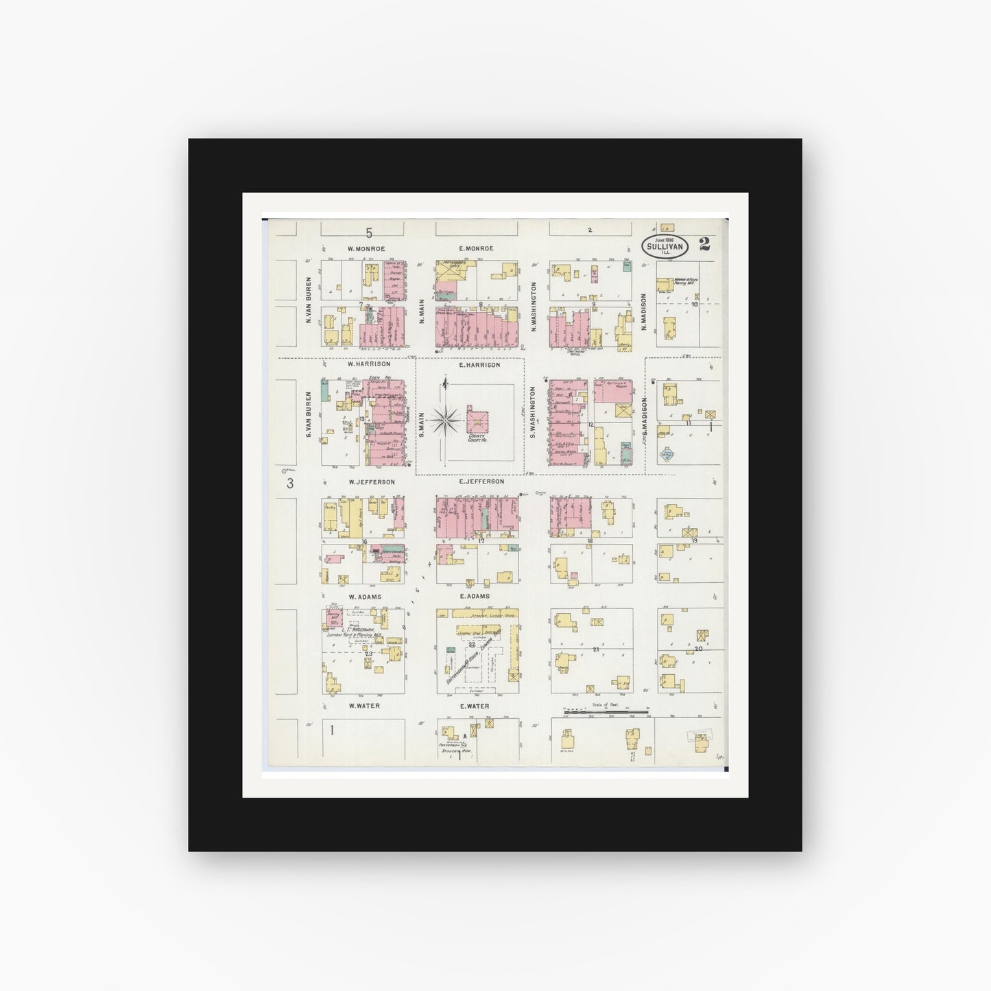 Old map wall art mockup — black gallery frame with white mat — Sanborn Fire Insurance Map from Sullivan, Moultrie County, Illinois (1898), Sheet #0002