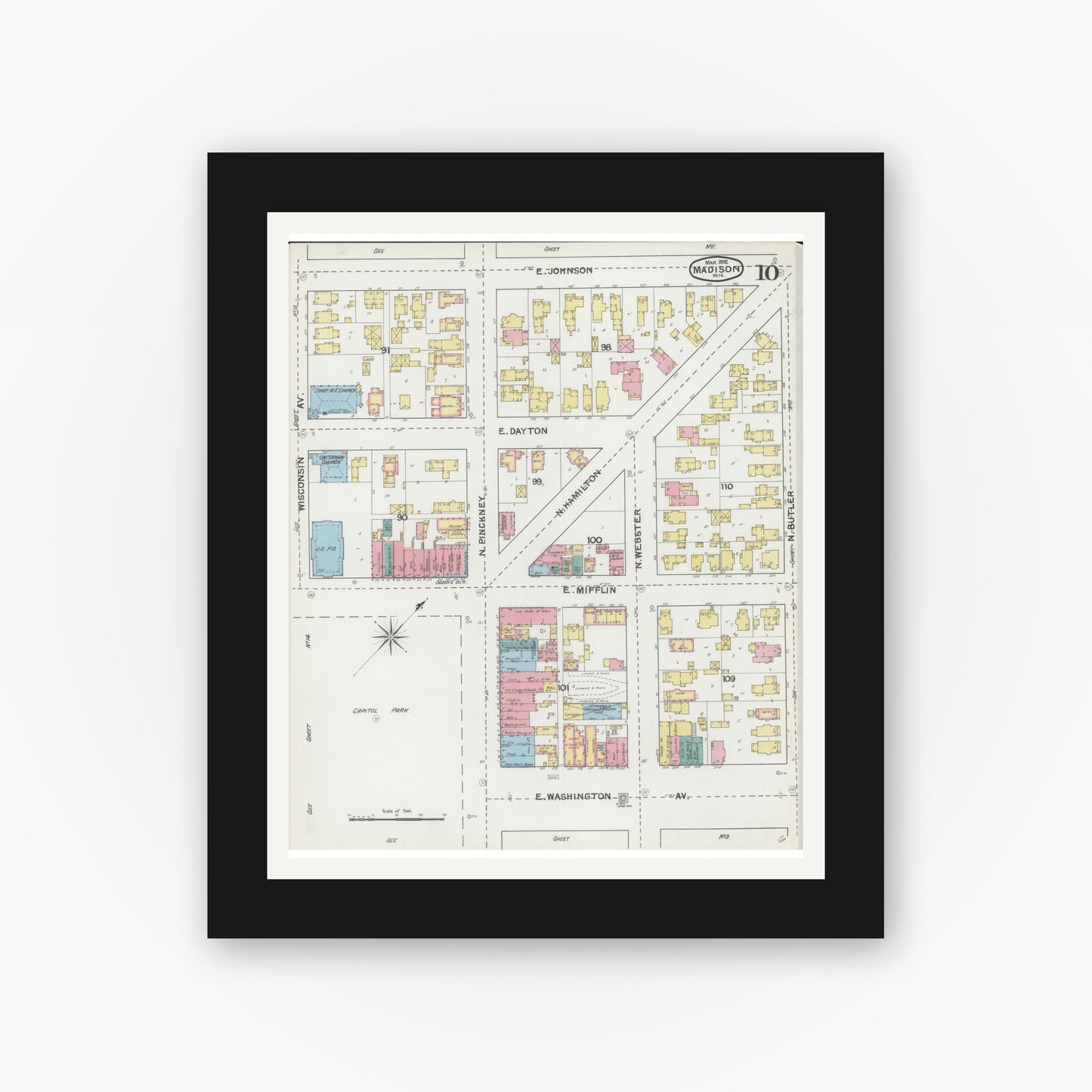 Old map wall art mockup — black gallery frame with white mat — Sanborn Fire Insurance Map from Madison, Dane County, Wisconsin (1892), Sheet #0010