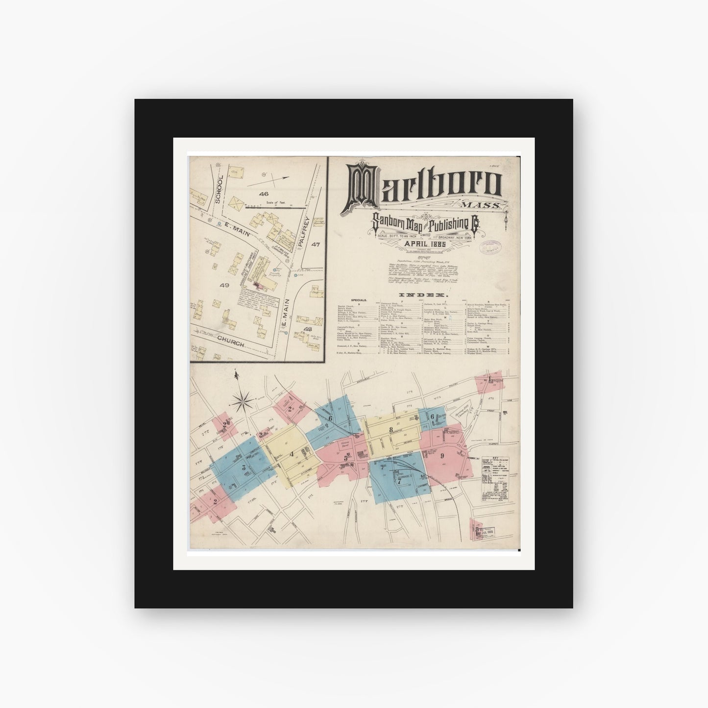 Old map wall art mockup — black gallery frame with white mat — Sanborn Fire Insurance Map from Marlborough, Middlesex County, Massachusetts (1885), Sheet #0001