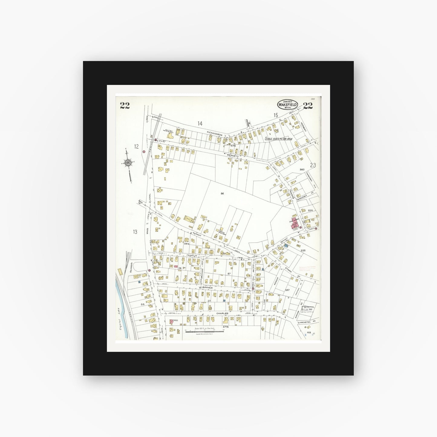 Old map wall art mockup — black gallery frame with white mat — Sanborn Fire Insurance Map from Wakefield, Middlesex County, Massachusetts (1923), Sheet #0022