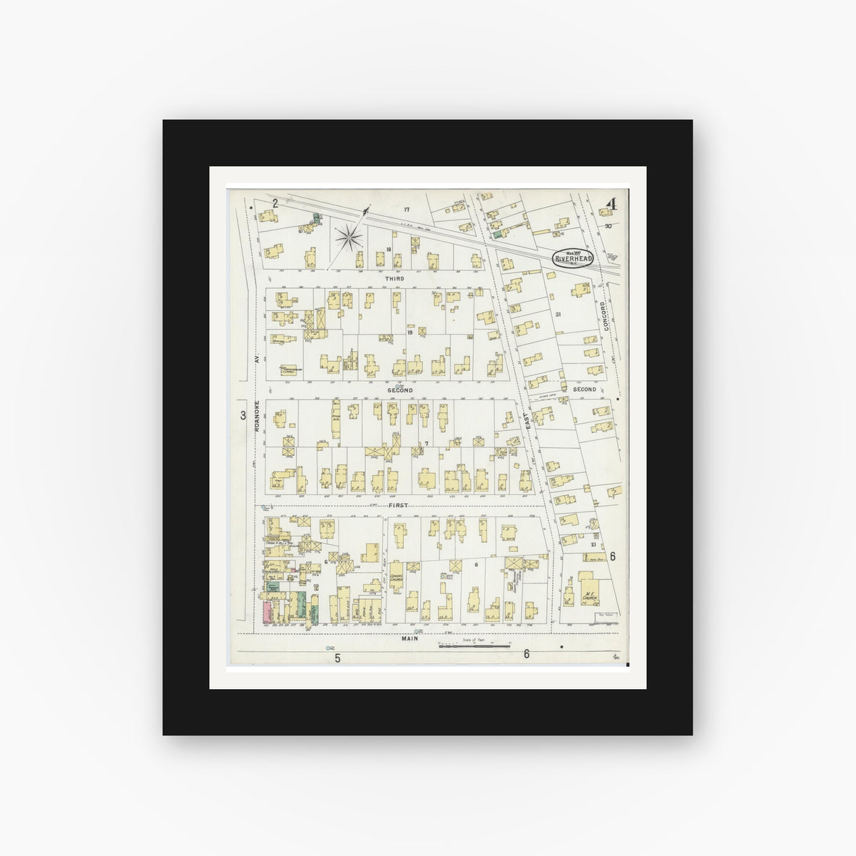 Old map wall art mockup — black gallery frame with white mat — Sanborn Fire Insurance Map from Riverhead, Suffolk County, New York (1897), Sheet #0004