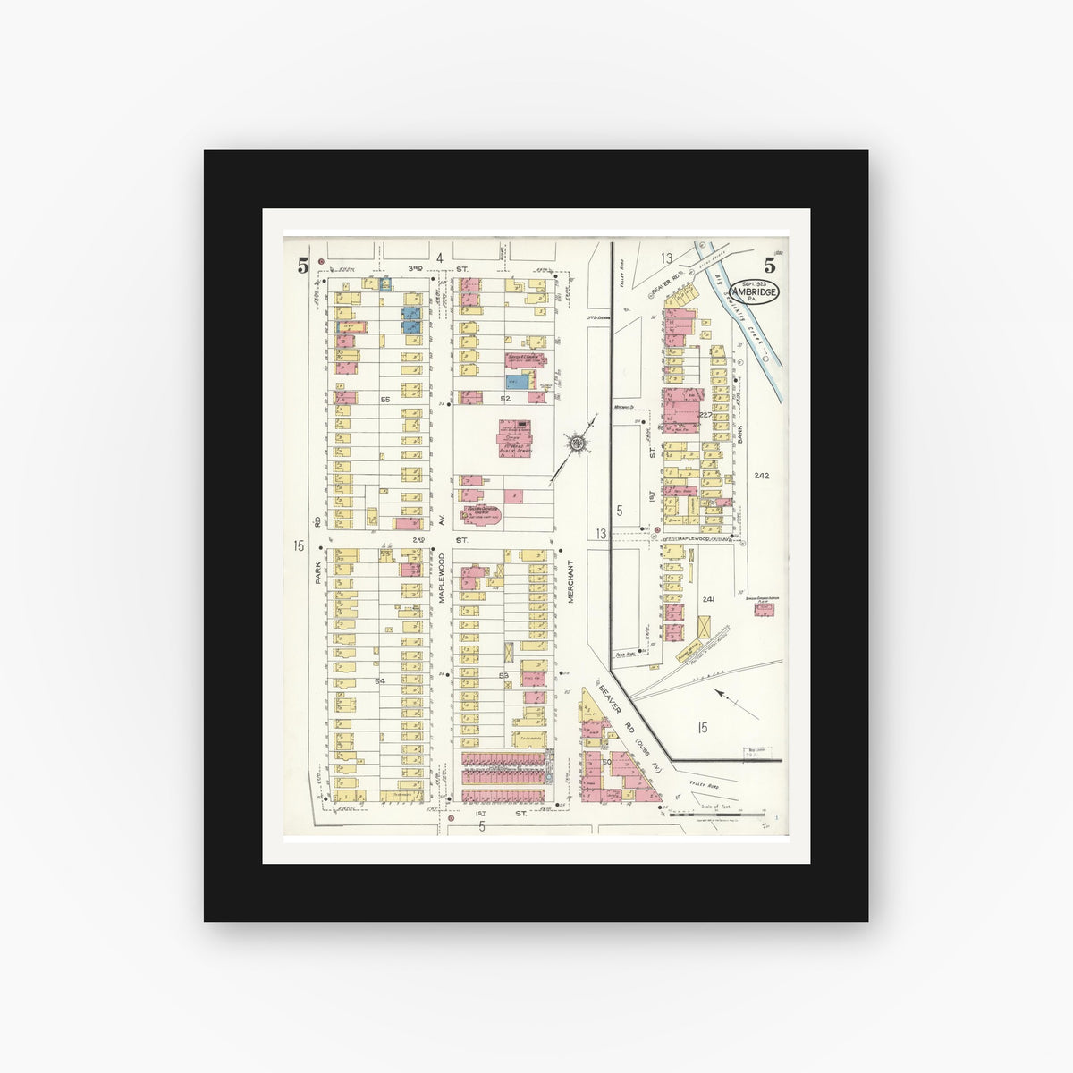 Old map wall art mockup — black gallery frame with white mat — Sanborn Fire Insurance Map from Ambridge, Beaver County, Pennsylvania (1923), Sheet #0005