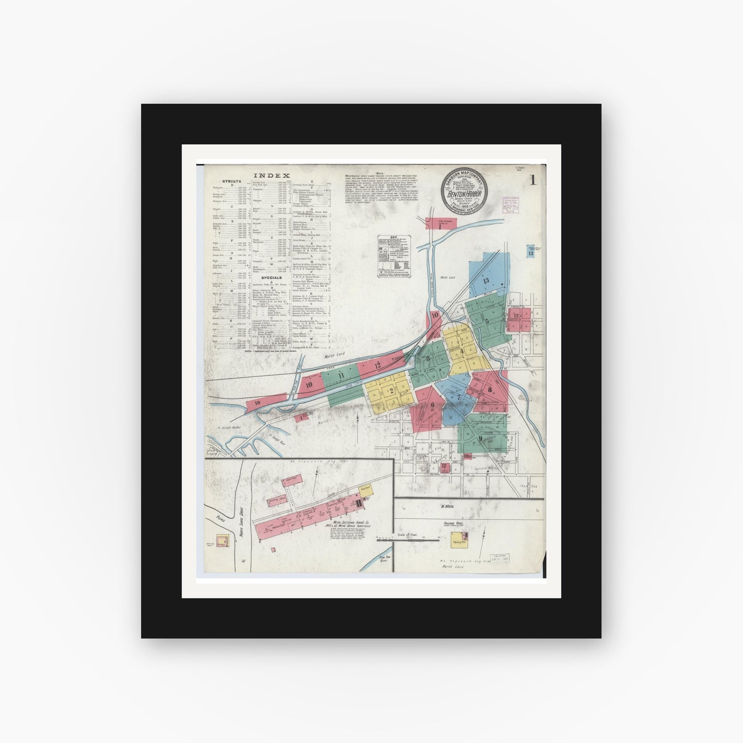 Old map wall art mockup — black gallery frame with white mat — Sanborn Fire Insurance Map from Benton Harbor, Berrien County, Michigan (1905), Sheet #0001