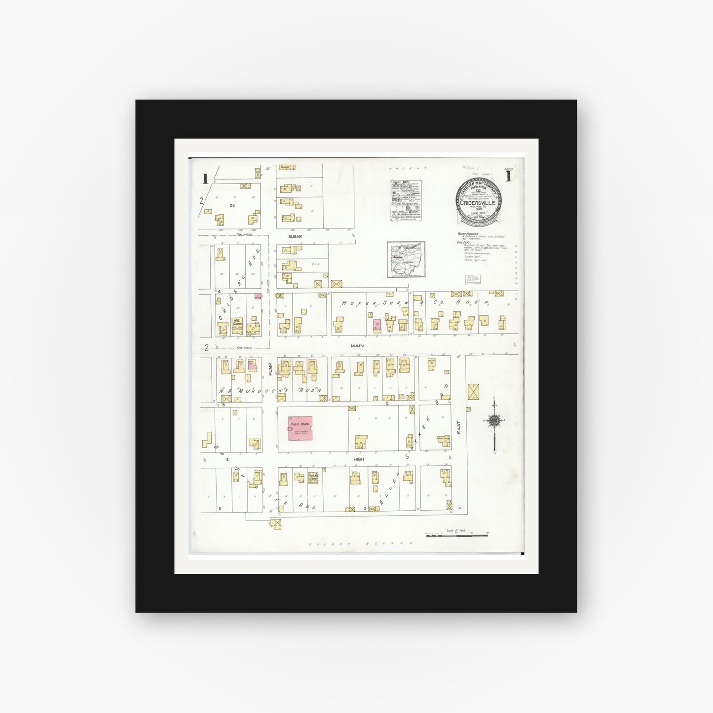 Old map wall art mockup — black gallery frame with white mat — Sanborn Fire Insurance Map from Cridersville, Auglaize County, Ohio (1923) - Complete Map Set