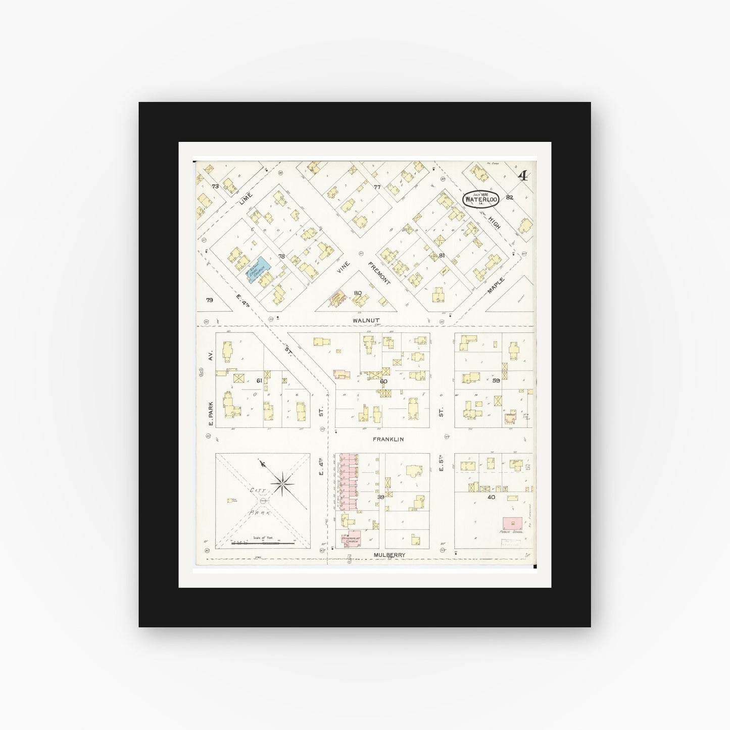 Old map wall art mockup — black gallery frame with white mat — Sanborn Fire Insurance Map from Waterloo, Black Hawk County, Iowa (1892), Sheet #0004