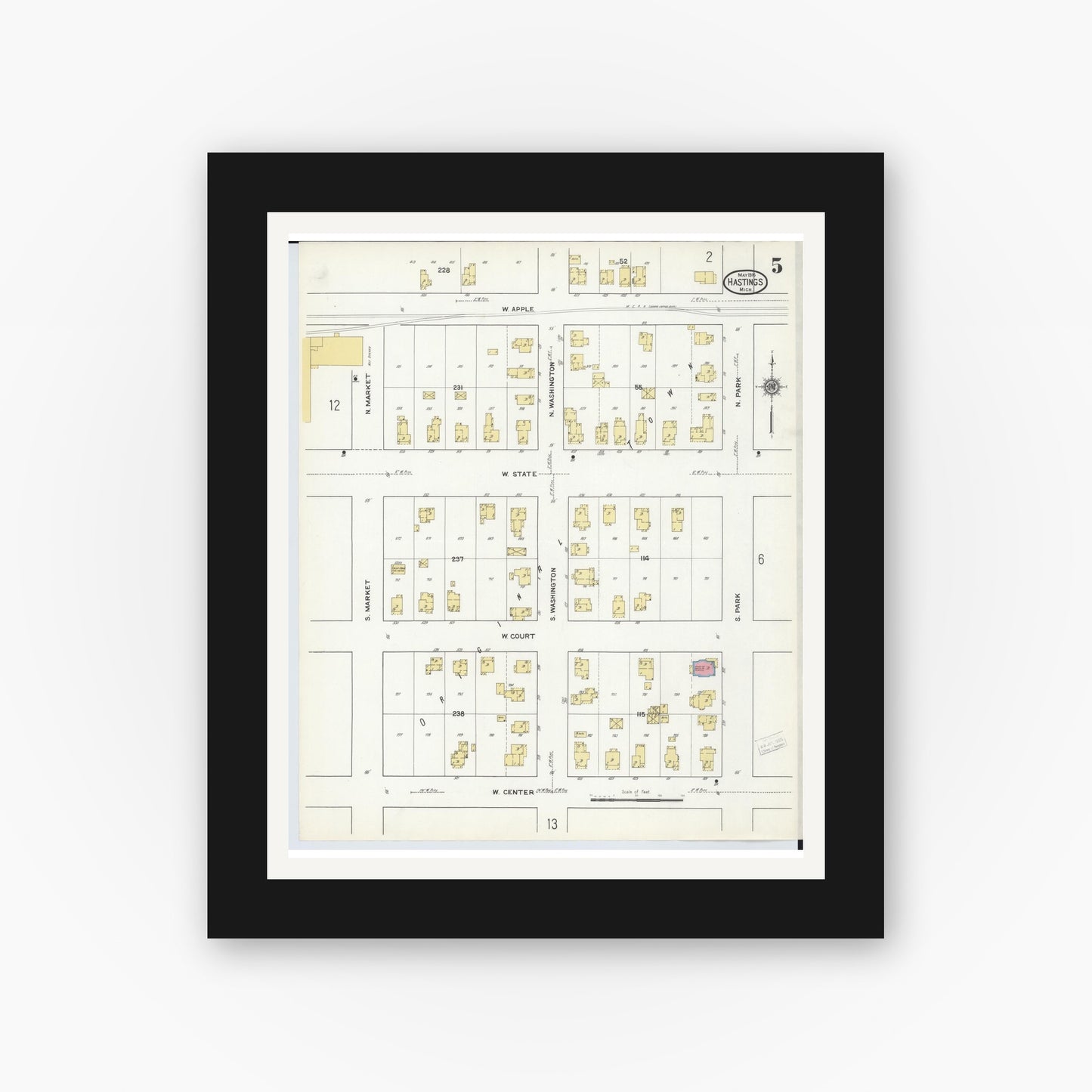 Old map wall art mockup — black gallery frame with white mat — Sanborn Fire Insurance Map from Hastings, Barry County, Michigan (1916), Sheet #0005