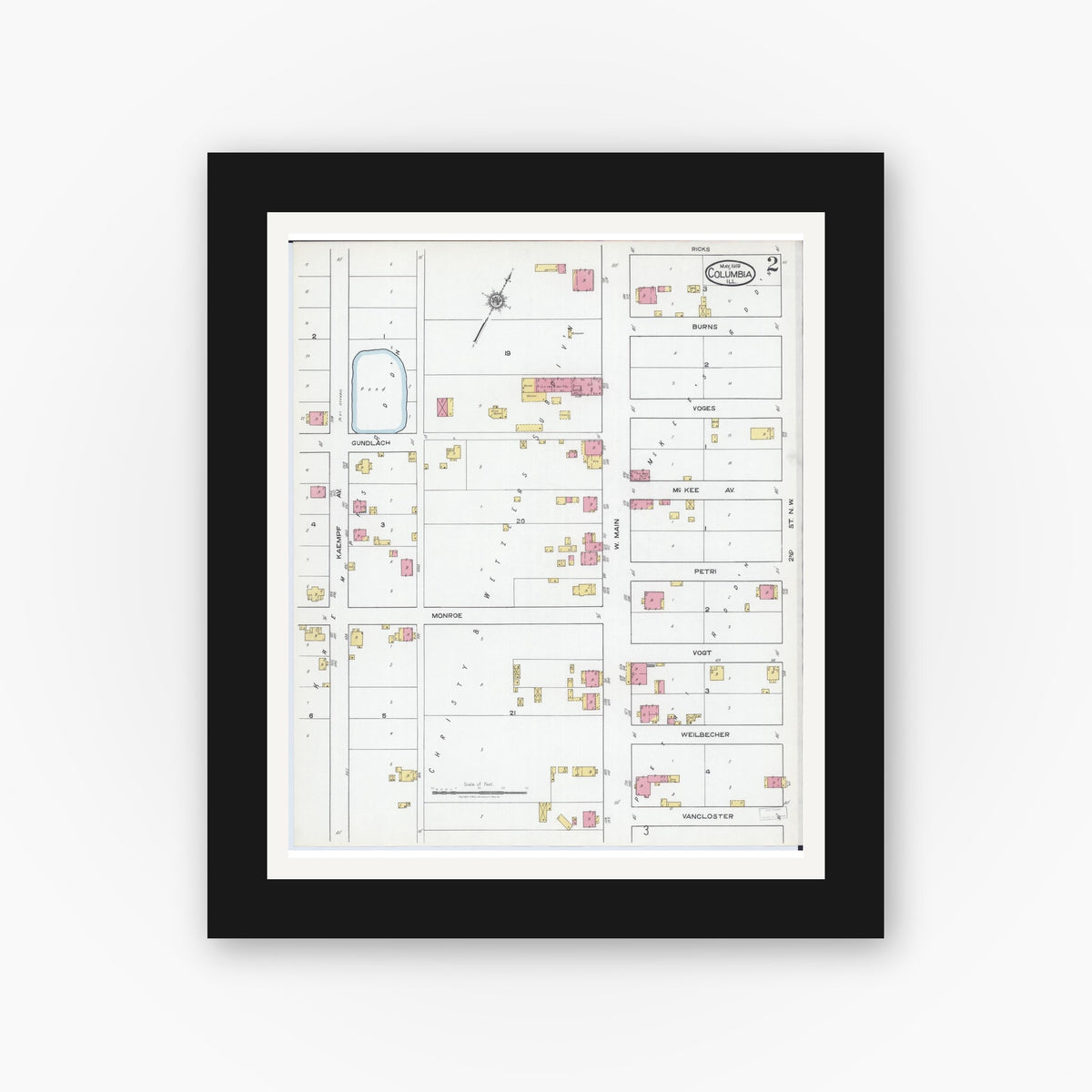 Old map wall art mockup — black gallery frame with white mat — Sanborn Fire Insurance Map from Columbia, Monroe County, Illinois (1919), Sheet #0002